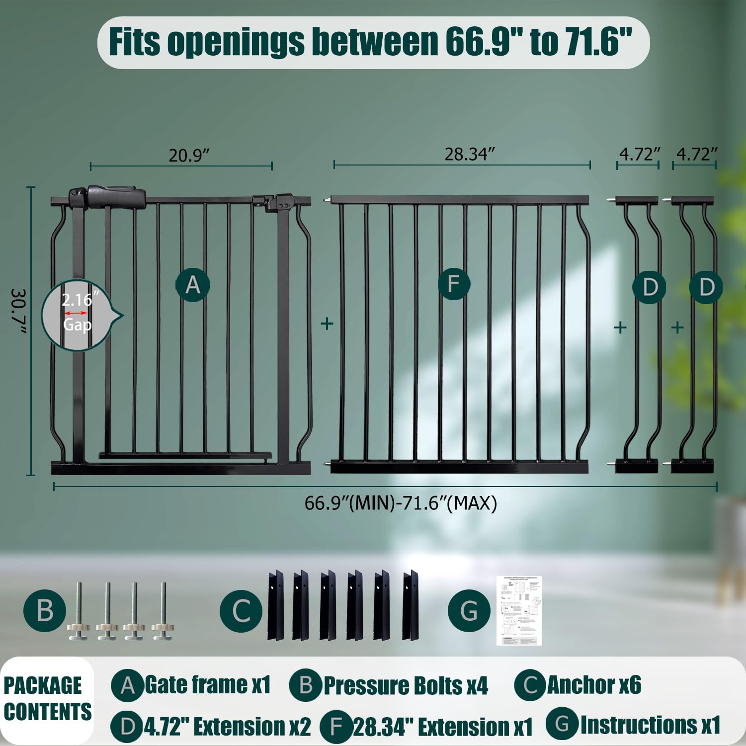 Extra Wide Baby Gate 67-71.6 Inch, Heavy Duty Safety Gate Indoor for Kids & Pets, Black Metal Dog Gate, Pressure Mounted No Dril