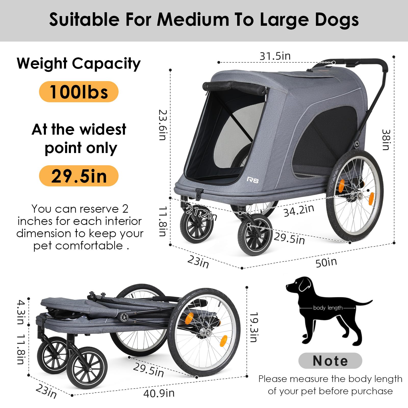 Beberoad Pets R8 Extra Large Foldable Pet Stroller, Dog Stroller & Pet Trailer for Large Dogs Under 100 lbs, Unmovable, Disabled