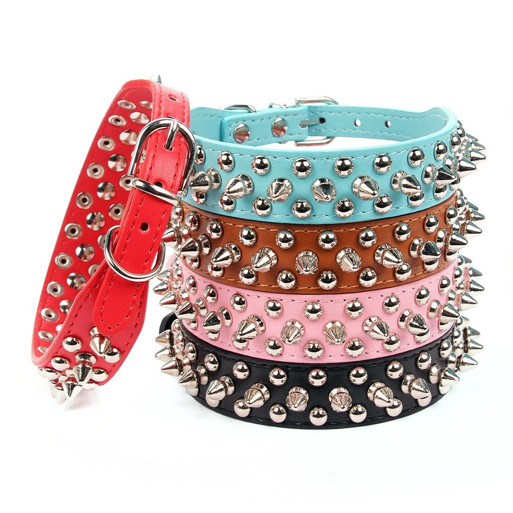 Aolove Mushrooms Spiked Rivet Studded Adjustable Pu Leather Pet Collars For Cats Puppy Dogs (Large, Black)