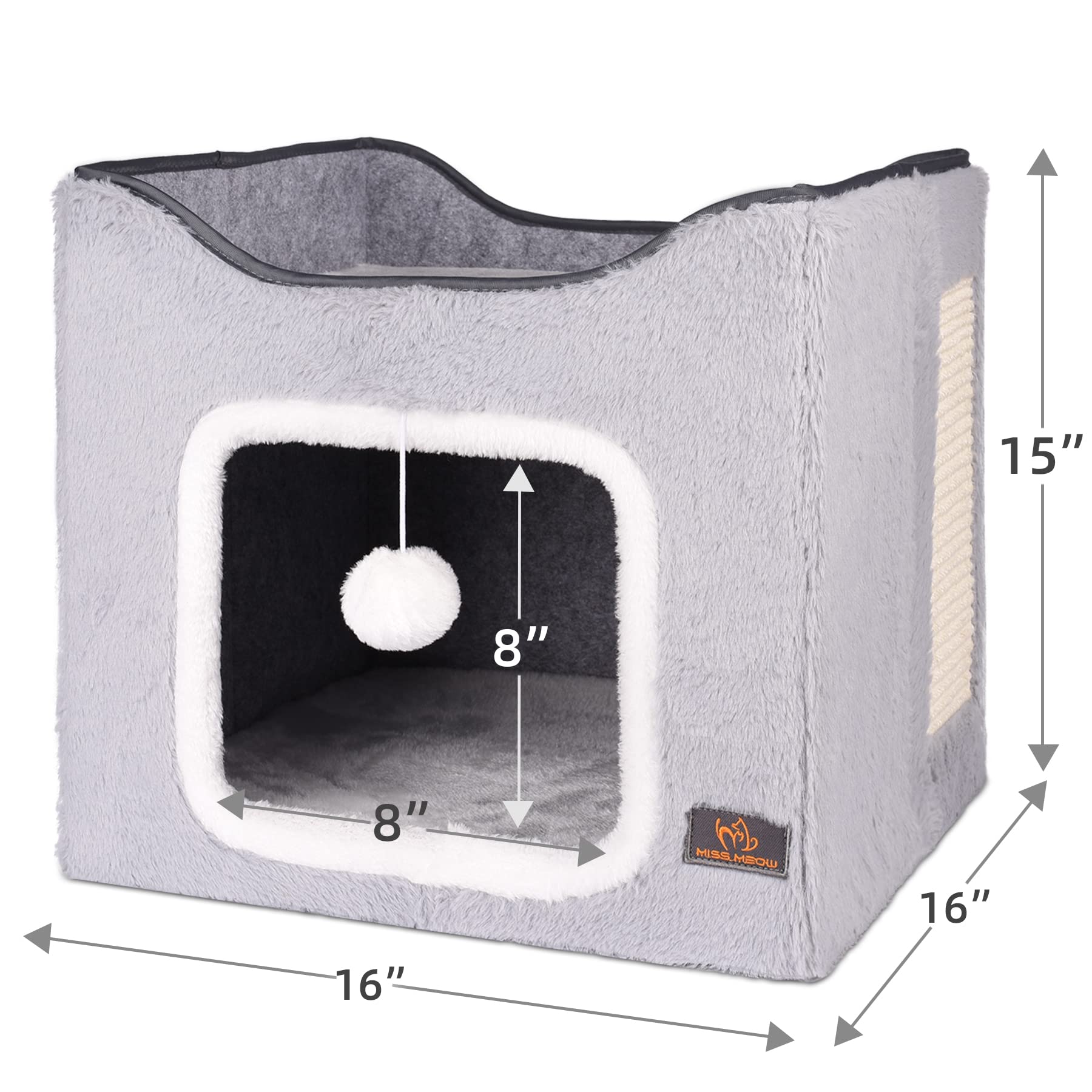 Miss Meow Cat Bed For Indoor Cats,Medium Large Cats Cave Bed,Machine Washable Slip Resistant Bottom,Ultra Soft Plush Cushion (Gray Fleece House)