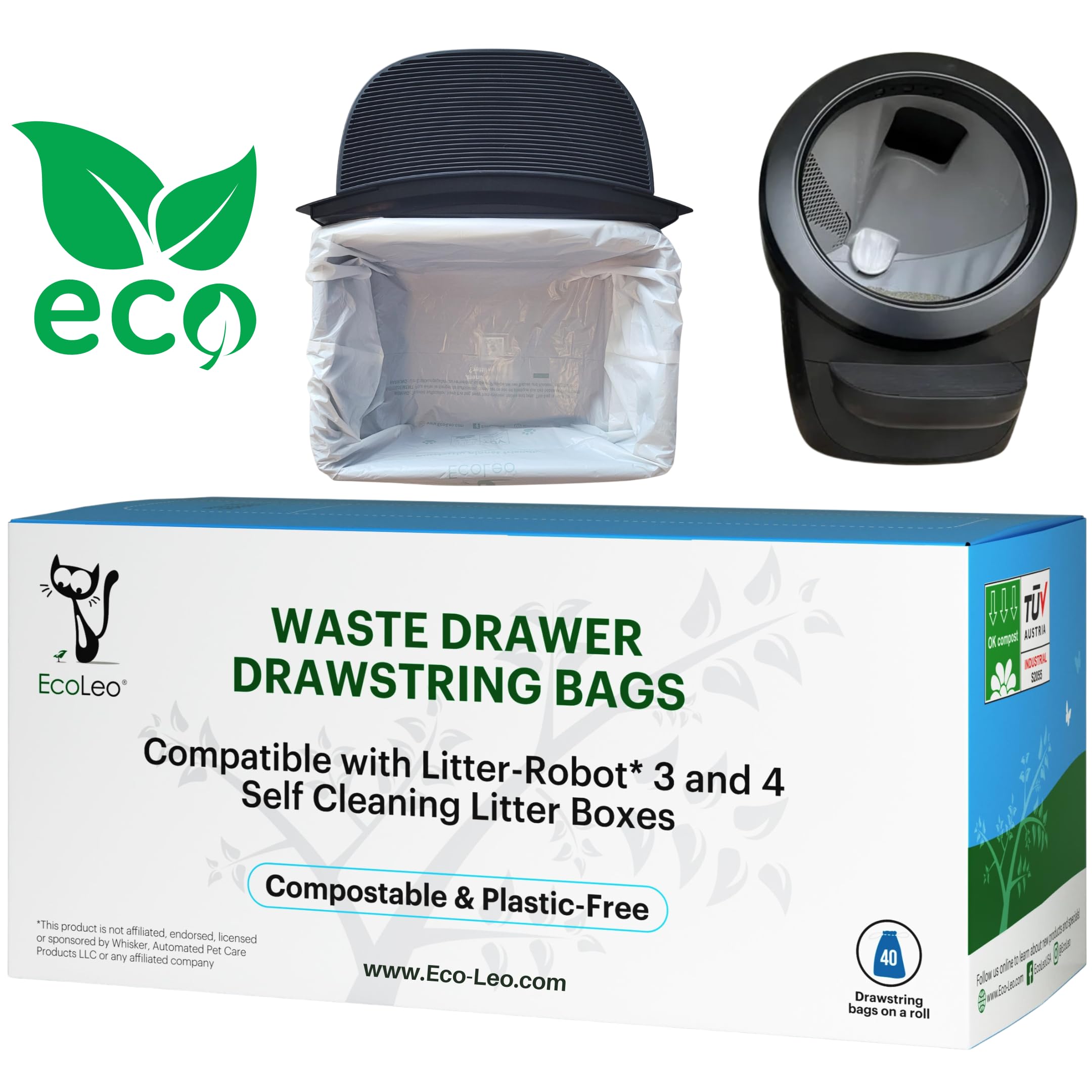 Ecoleo, Compatible With Litter-Robot 4 & 3, Compostable, Plant-Based, Drawstring Liner Bags, Fits Leo'S Loo Too & Catlink Automa