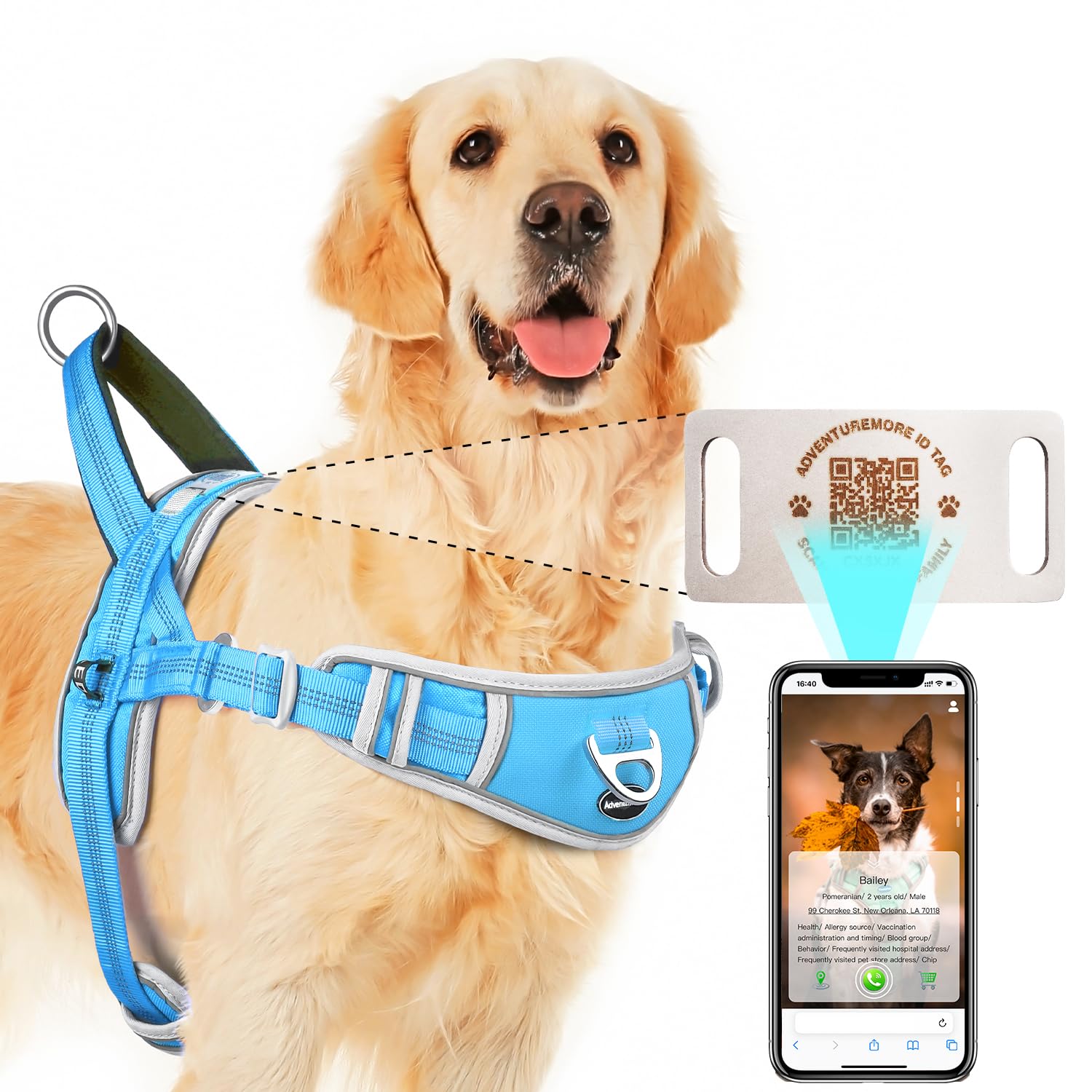 Adventuremore Small Dog No Pull Harness With Qr Code Tag, Reflective Vest, Front Clip Handle For Training Walking, Light Blue
