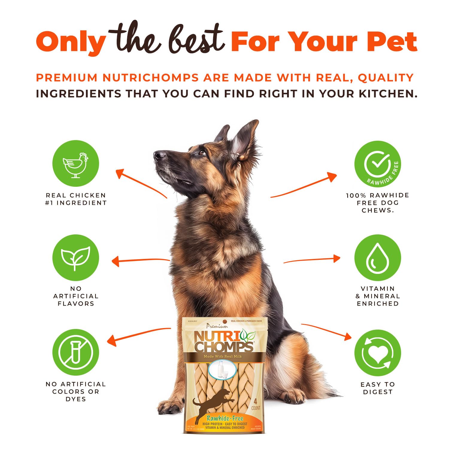 NutriChomps 9-inch Braid, Rawhide-Free Dog Treats, Easy to Digest, Healthy, 4 Count Milk