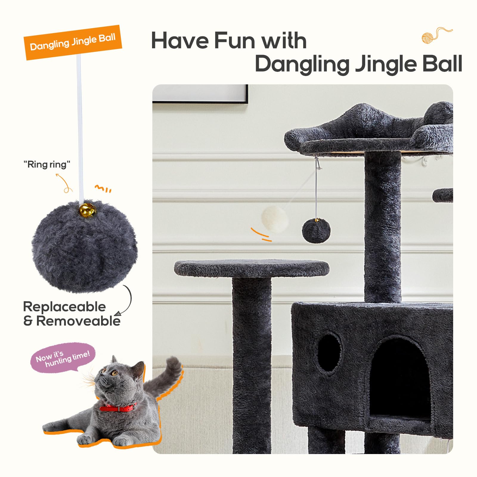 Cat Tree, 54-Inch Cat Tower for Indoor Cats with Sisal Scratching Post, Cat Play House, Large Kitty Condo, Plush Multi-Level wit