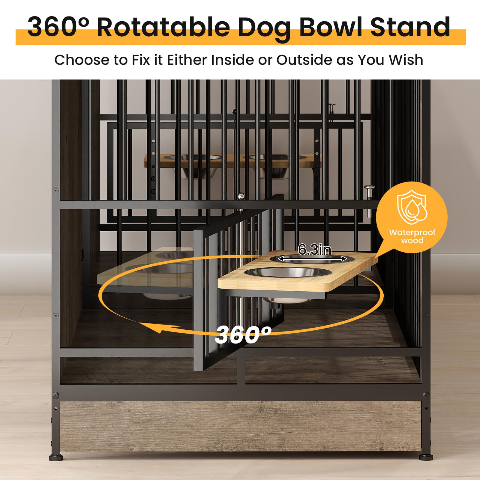 Yafylly 78 Double Dog Crate Furniture, XL Double Dog Kennel with 360 Rotating and Adjustable Height Dog Bowl Holder (4 Bowls),