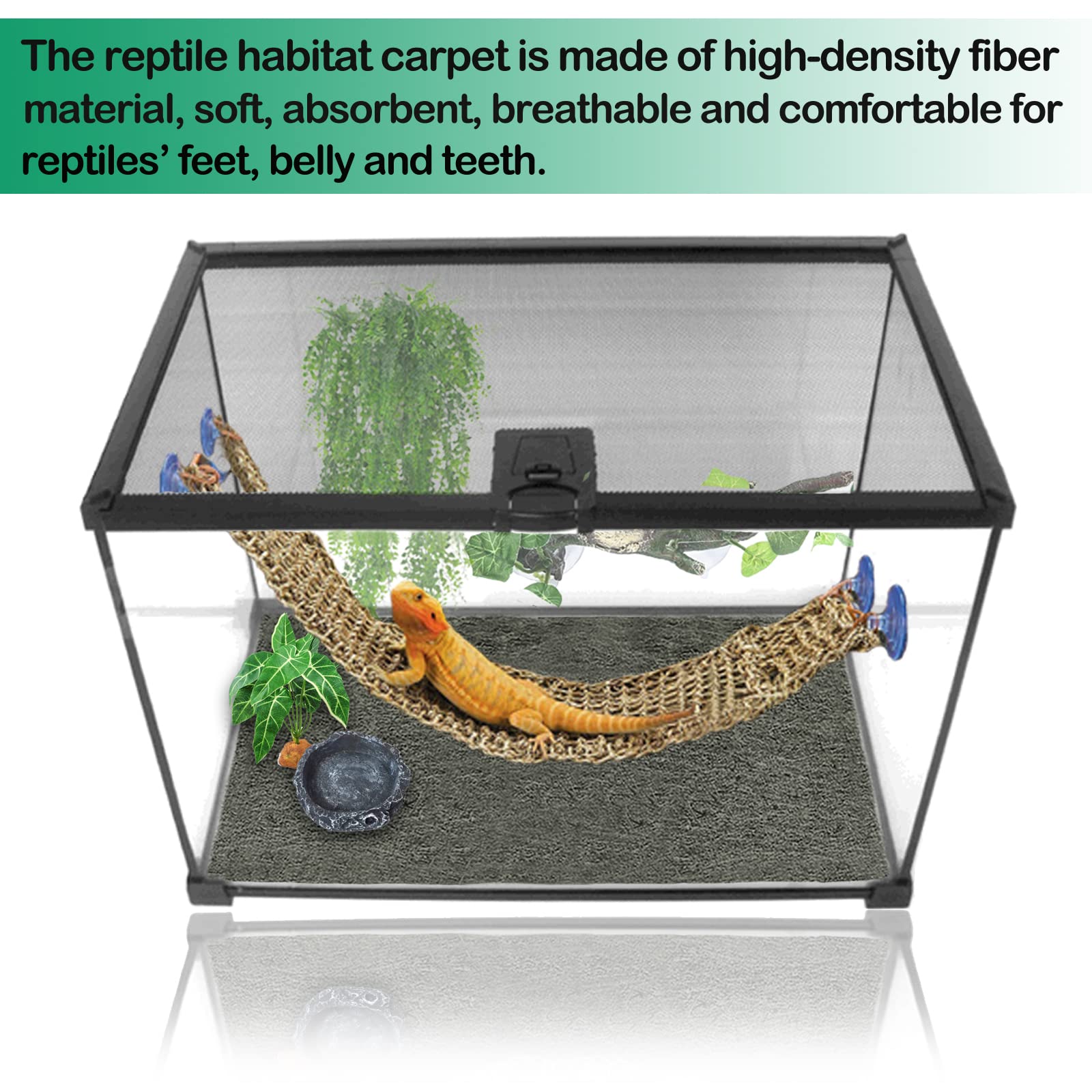 Hercocci 2 Pack Reptile Carpet, 39’’ X 20’’ Terrarium Bedding Substrate Liner Reptile Cage Mat Tank Accessories For Bearded Dragon Lizard Tortoise Leopard Gecko Snake (Grey)
