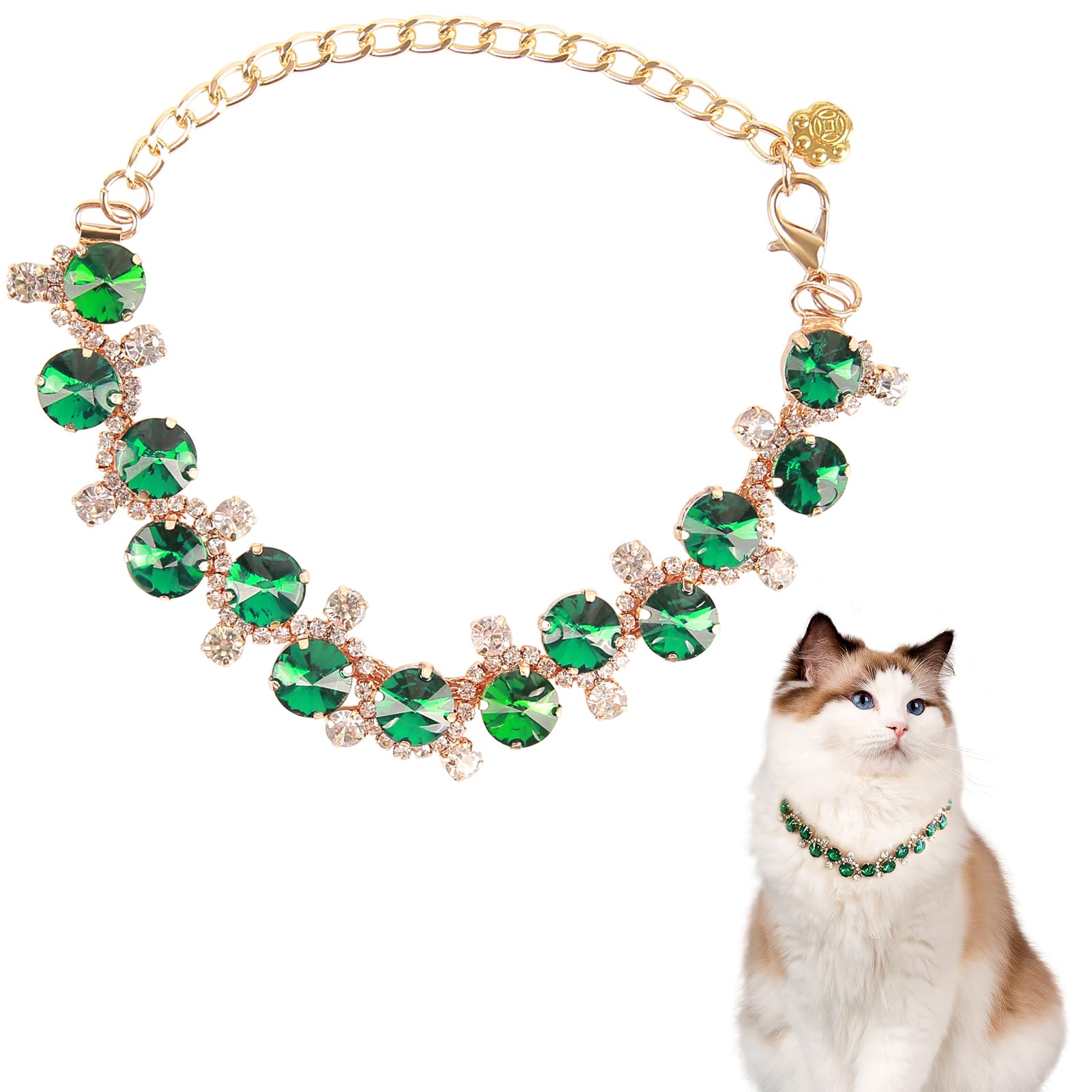 Howwfaly Dog Collar And Cat Collar Gold Chain Necklace Stainless Steel Adjustable Green Rhinestones Collar With Cute Pet Paw For