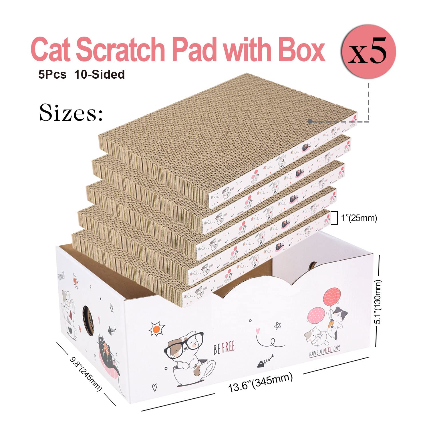 5 Packs In 1 Cat Scratch Pad With Box, Cat Scratcher Cardboard,Reversible,Durable Recyclable Cardboard, Suitable For Cats To Rest, Grind Claws And Play With Scratch Box