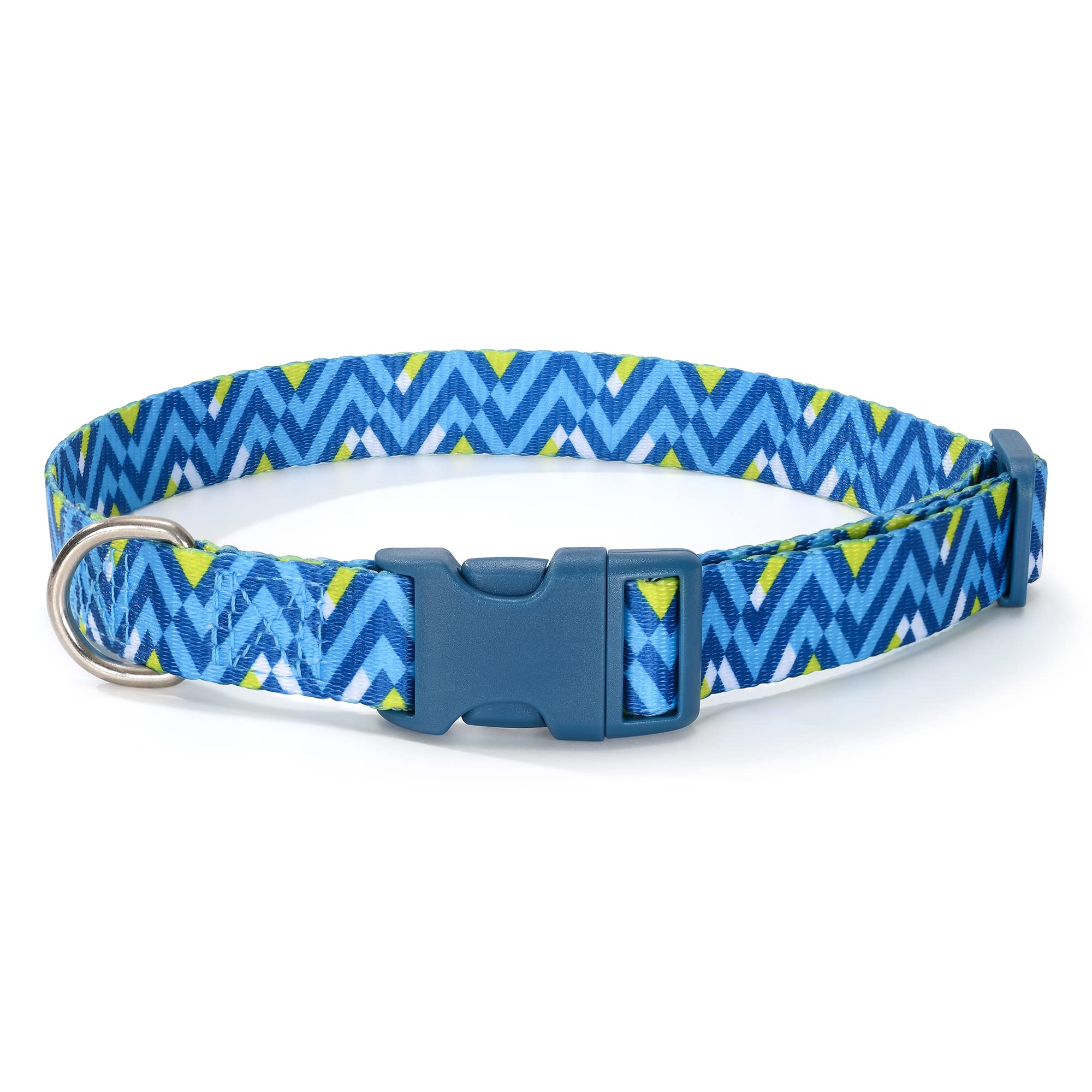 Mile High Life | Geometric Ocean Wavy Pattern | Soft Poly Cotton Fabric | Black Buckle Dog Collar With D Ring| We Donate To Dog Rescues(Light Blue/Hot Blue, Small )