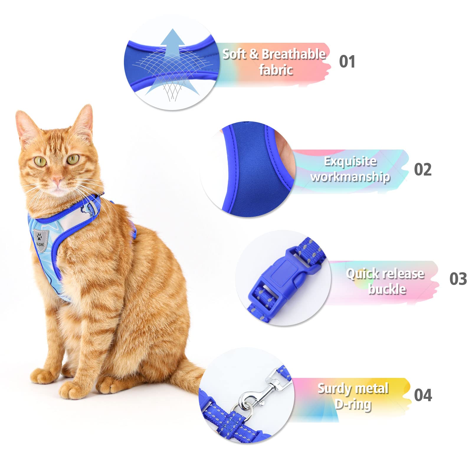 Supet Cat Harness and Leash Set Stylish Escape Proof Cat Vest Harness Adjustable Breathable Pet Leash with Reflective Trim