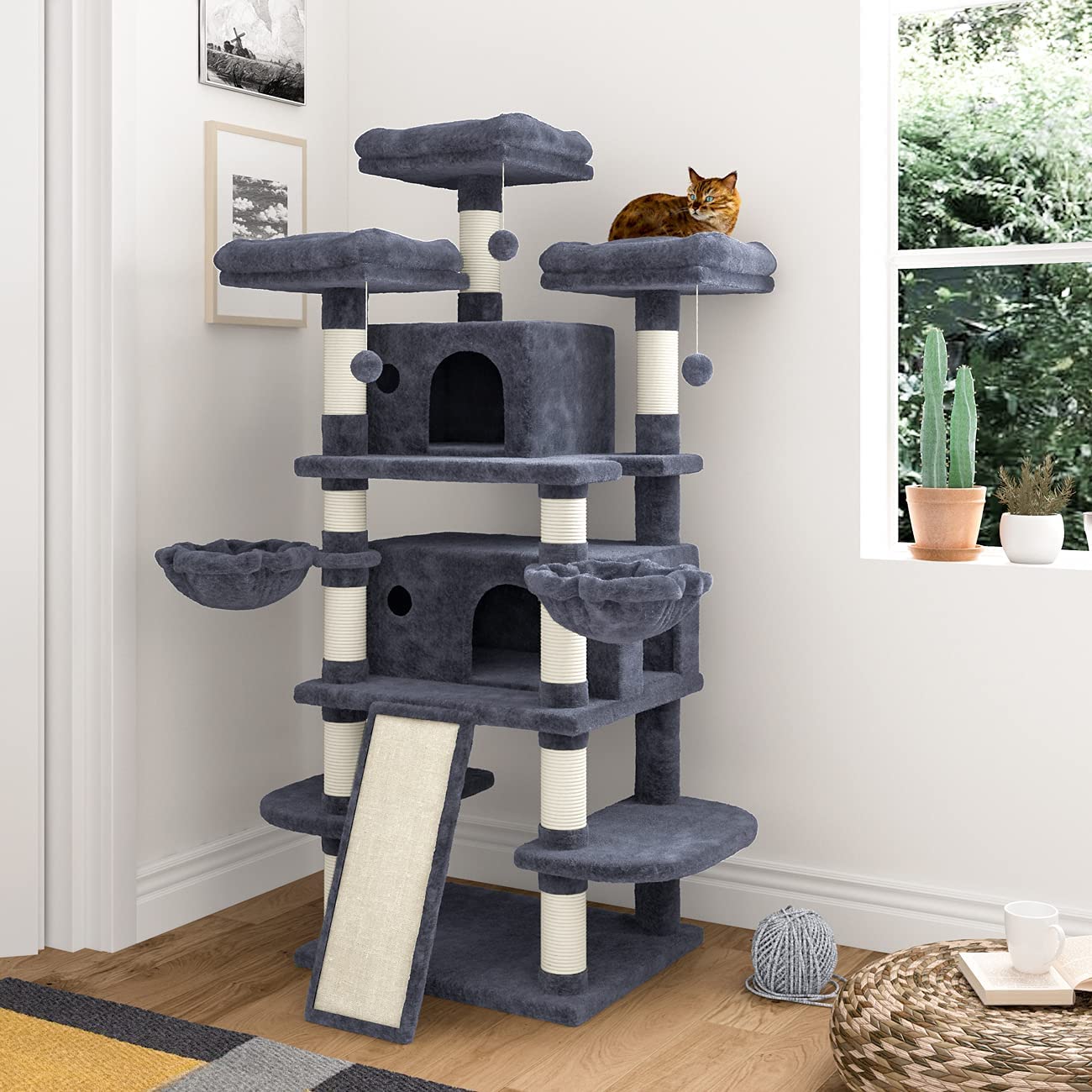 Imusee 68 Inches Multi-Level Large Cat Tree Tower With Cat Condo/Cozy Plush Cat Perches/Sisal Scratching Posts And Hammocks/Cat Activity Center Play House/Smoky Grey