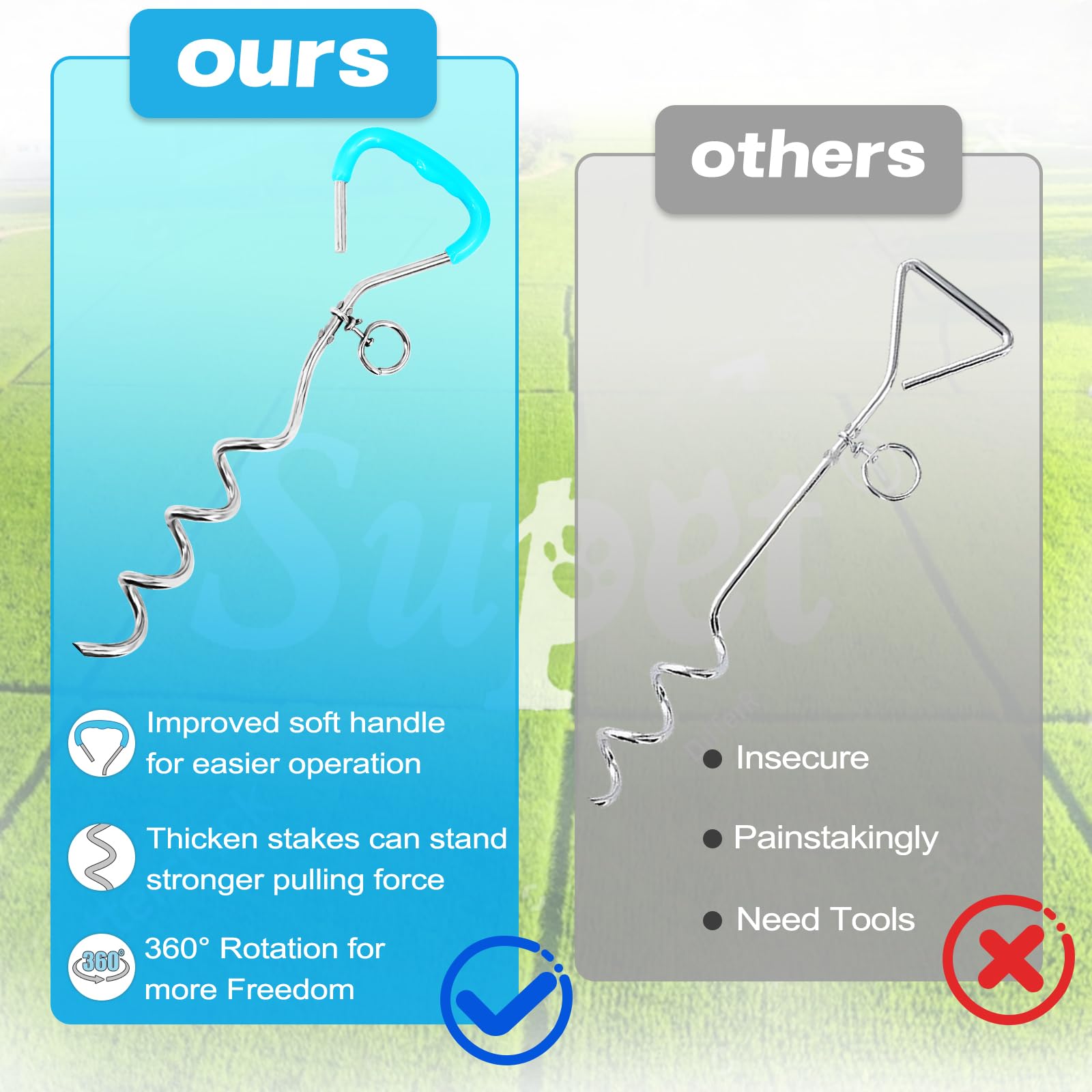 Supet Dog Tie Out Cable And Stake 32/16/10 Ft Outdoor, Yard And Camping, For Medium To Large Dogs Up To 125 Lbs, 16' Stake, 32/16/10 Ft Cable With Durable Spring And Metal Hooks For Outdoor