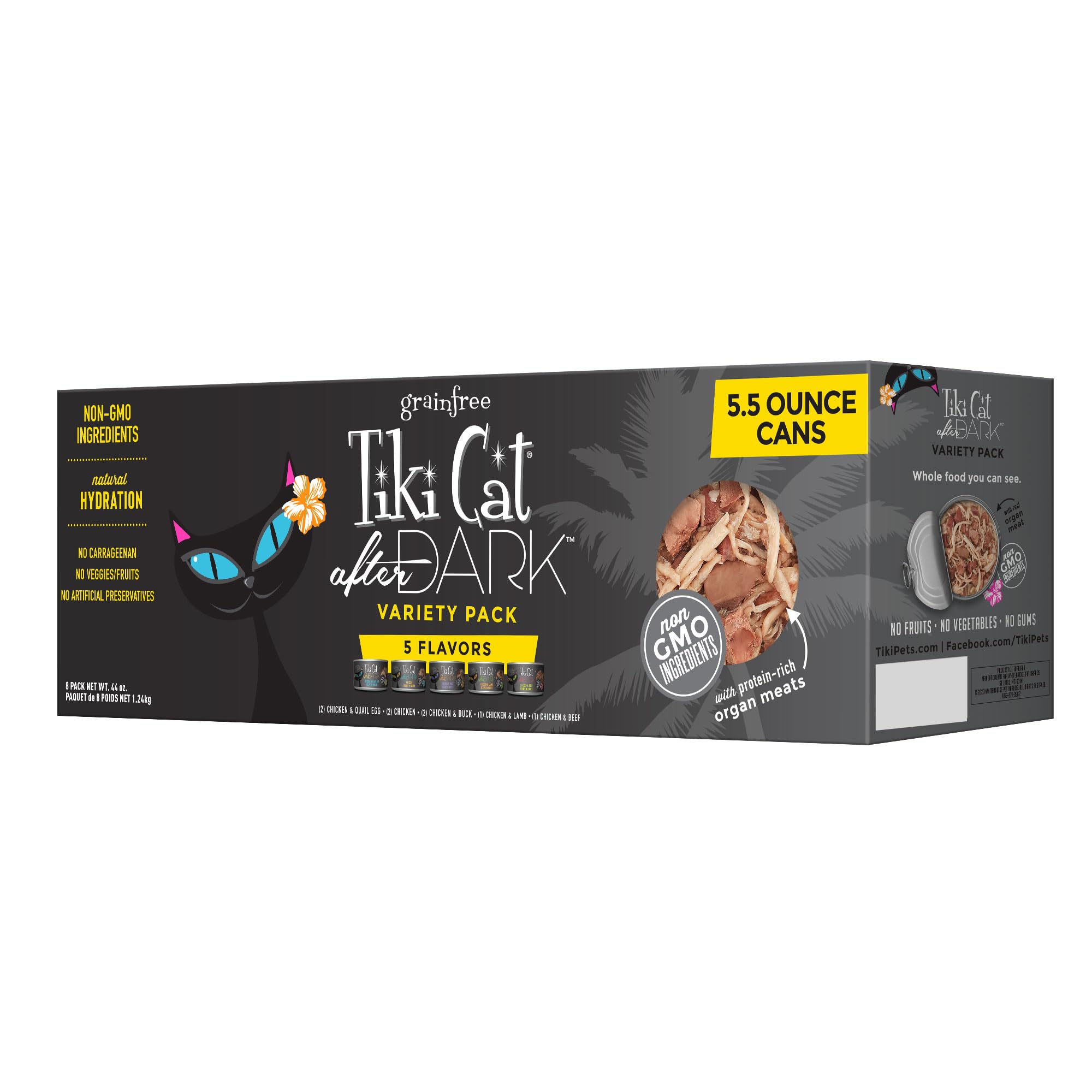Tiki Cat After Dark, Variety Pack, High-Protein and 100% Non-GMO Ingredients, Wet Cat Food for Adult Cats, 5.5 oz. Cans (Pack of