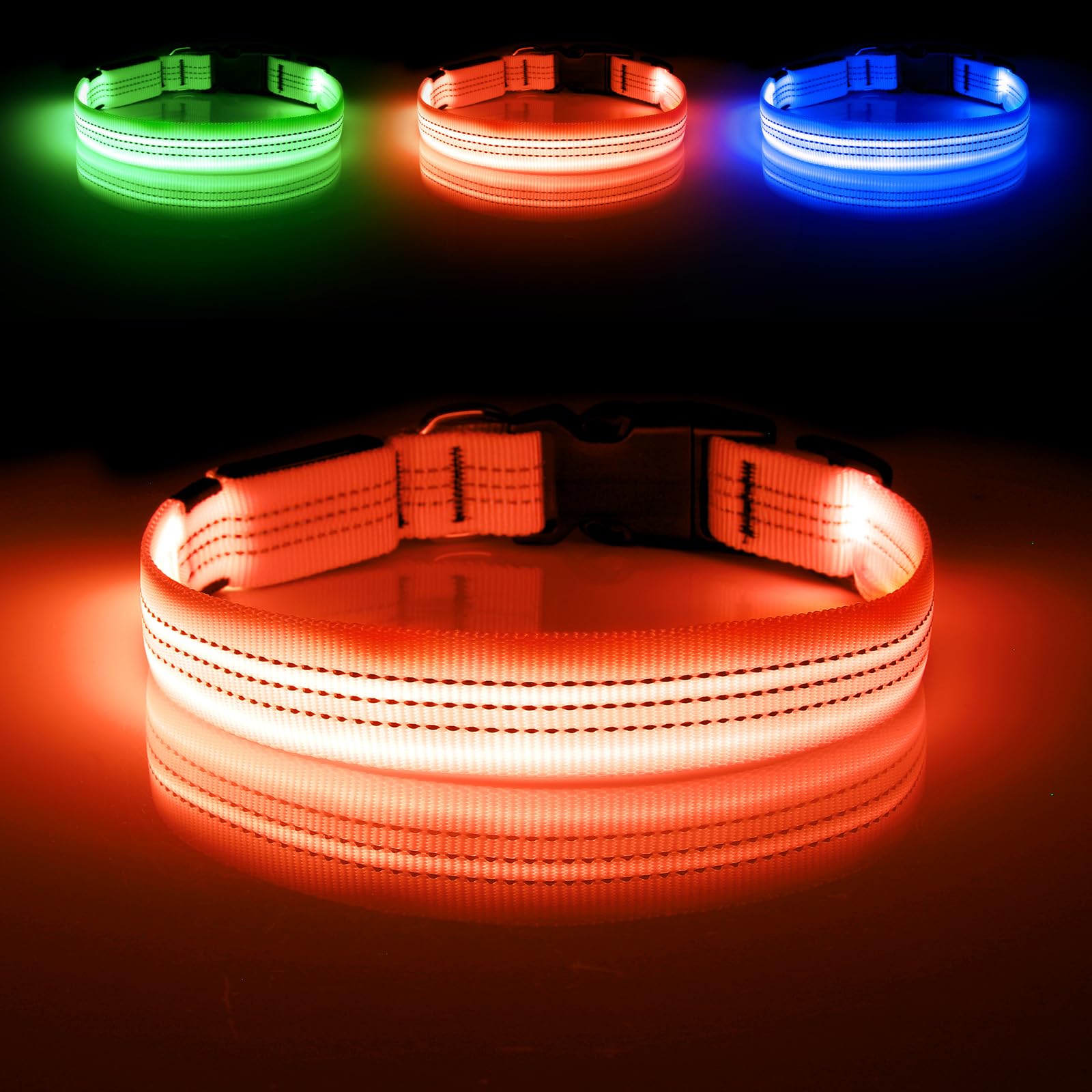 Illumifun Light Up Dog Collar - Usb Rechargeable Led Dog Collar, Adjustable Blinking Dog Light For Large Dogs (Orange?, Large)