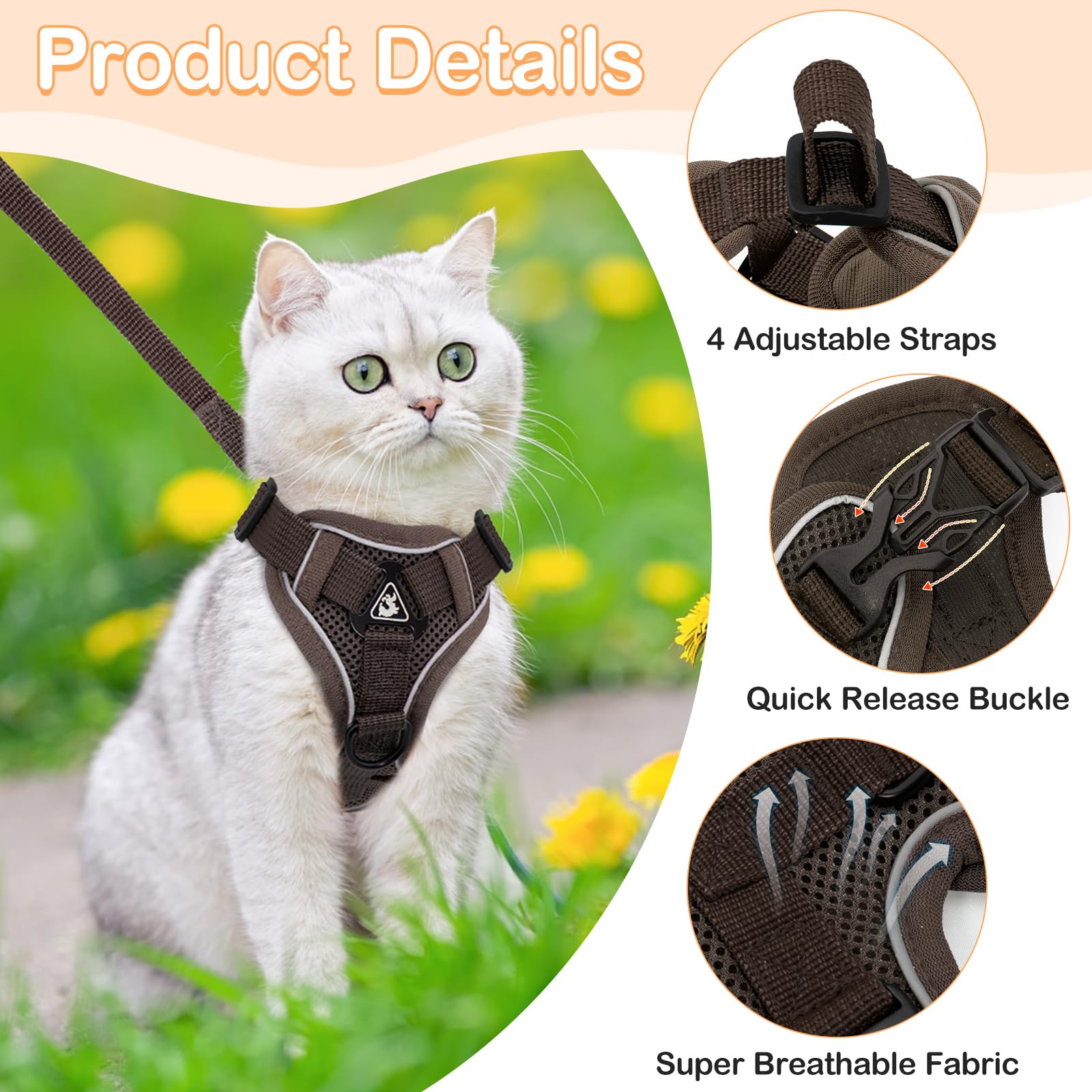 Cat Harness And Leash For Walking Soft Cat Harness Escape Proof, Adjustable Kitten Harness Cat Leash Reflective Strips Jacket, B