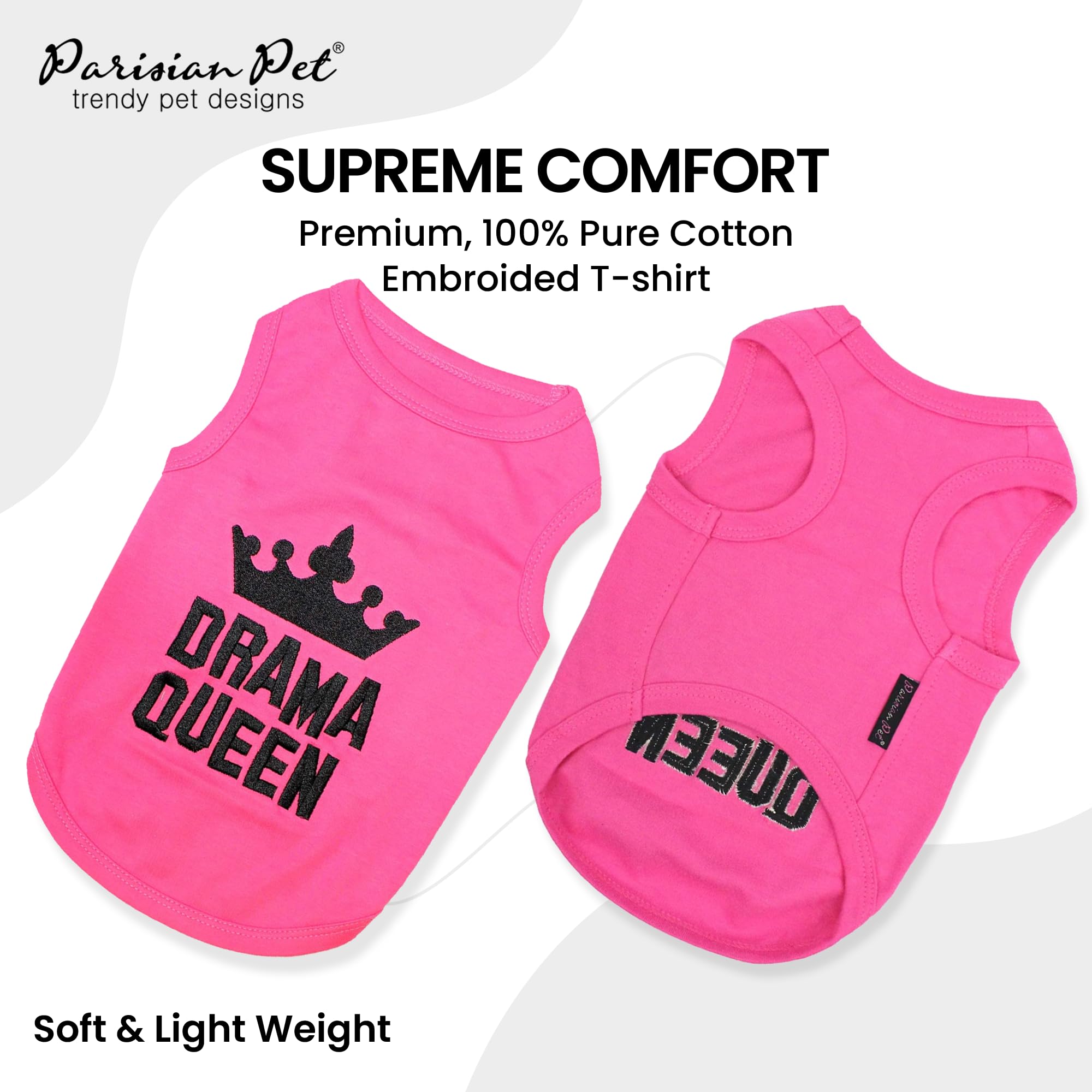 Parisian Pet Dog Tshirt - Embroidered “ Drama Queen “ Girl Dog Shirt - Breathable And Lightweight Dog Clothes - Sleeveless Pink Dog Tee Shirts - Machine Washable Dog Shirt For Large Dogs - L