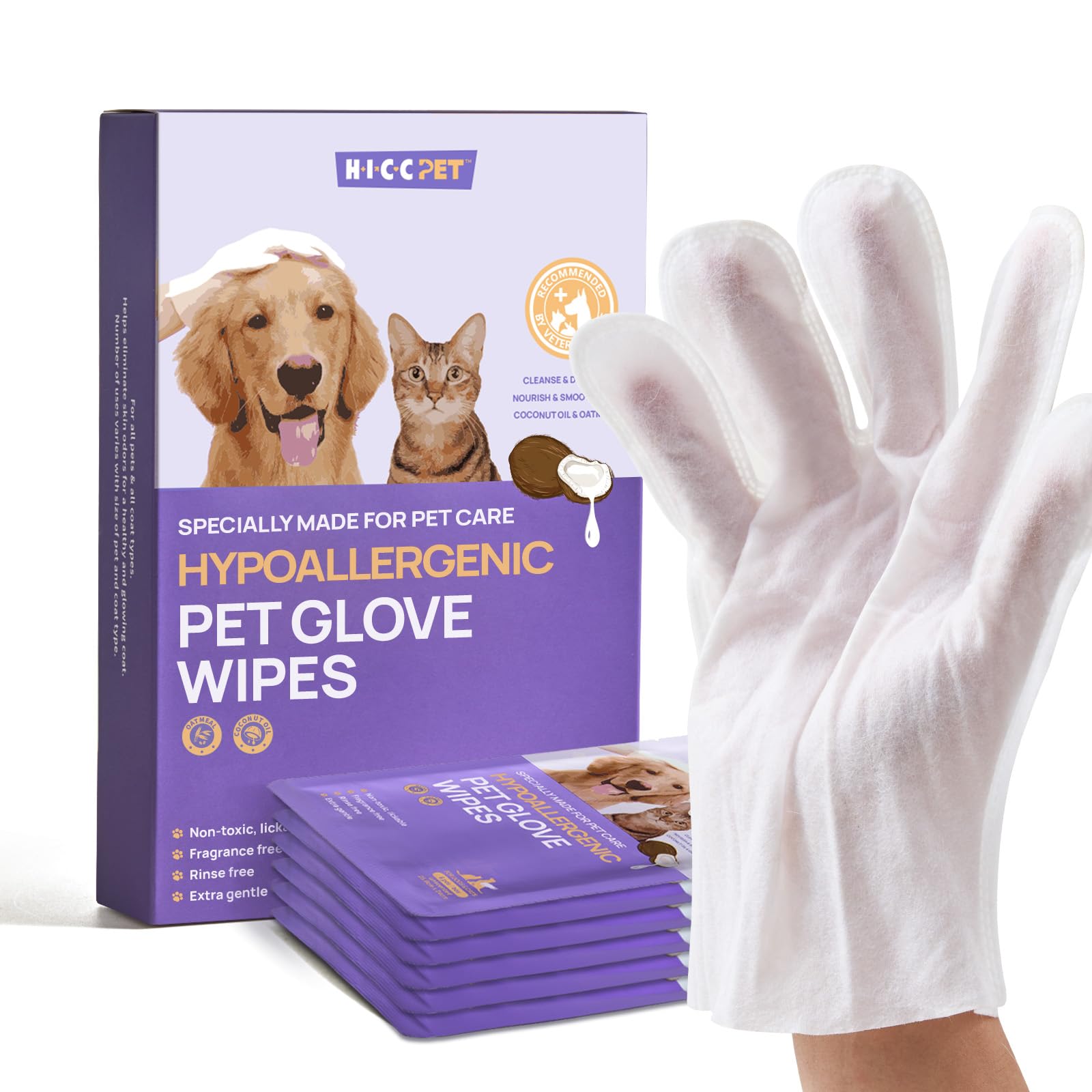 Hicc Pet Cleaning Deodorizing Bathing Wipes For Dogs And Cats, Hypoallergenic Dogs Grooming Wipes, Coconut Oil Nourish Fur, Cat Cleaning Gloves Wipes For Daily Care And Traveling - Unscented