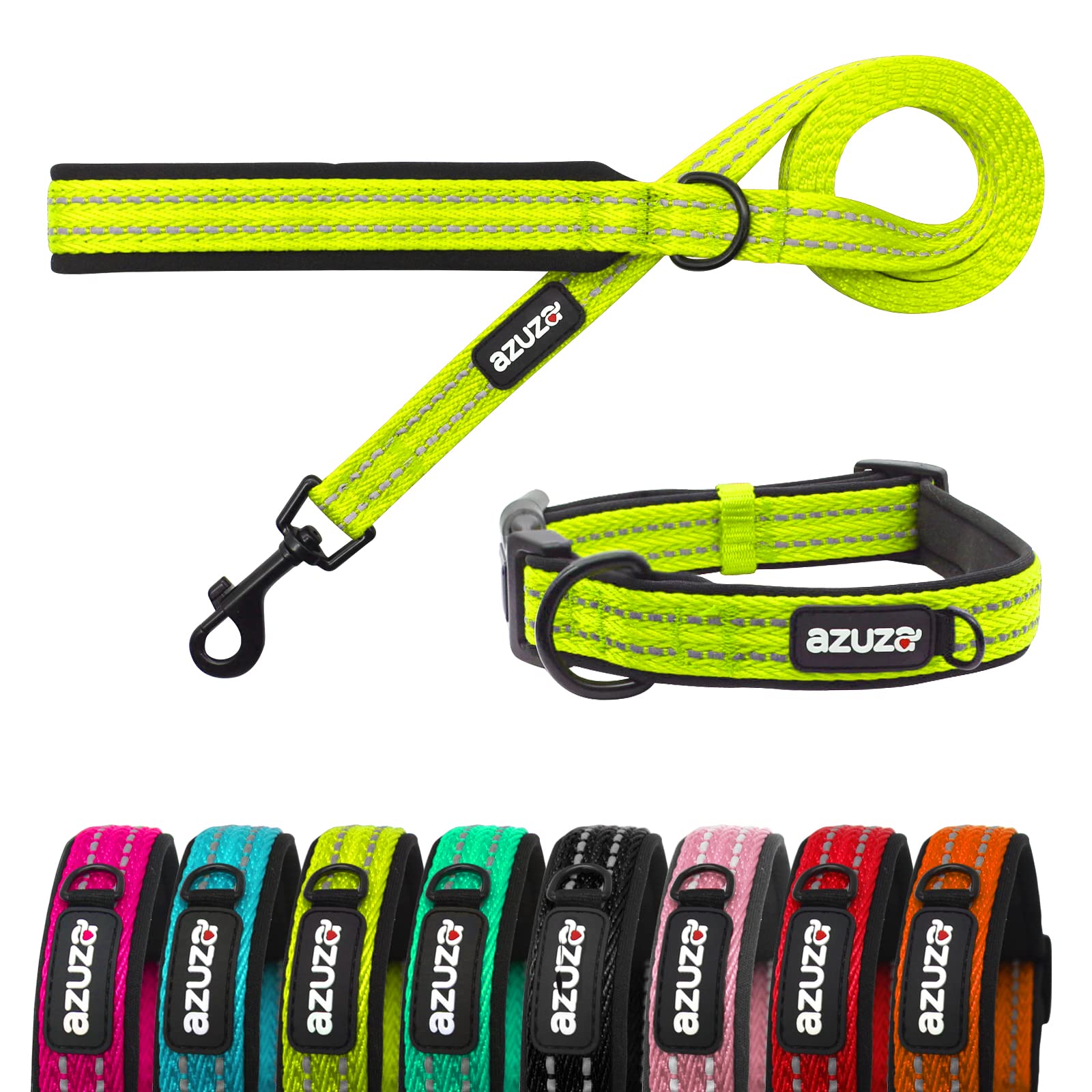 Zuza Dog Collar And Leash Set, Durable Padded & Reflective Strip, Super Comfy For Medium Dogs, Fluorescent Yellow