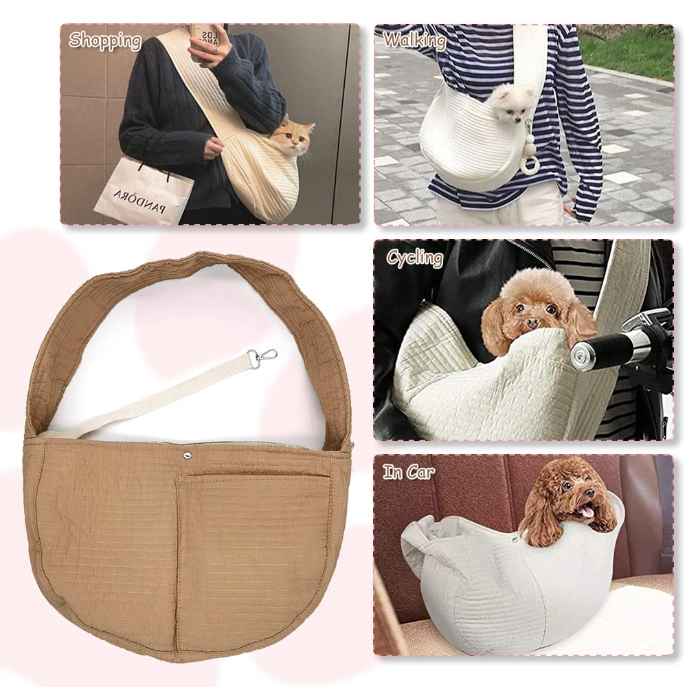 Natuya Small Dog Carrier Sling Dog Sling Carrier For Small Dogs Puppies Cats, Big Pouch Safety Leash Pet Sling Carrier For Walking Outdoor Travel (Brown, Canvas)