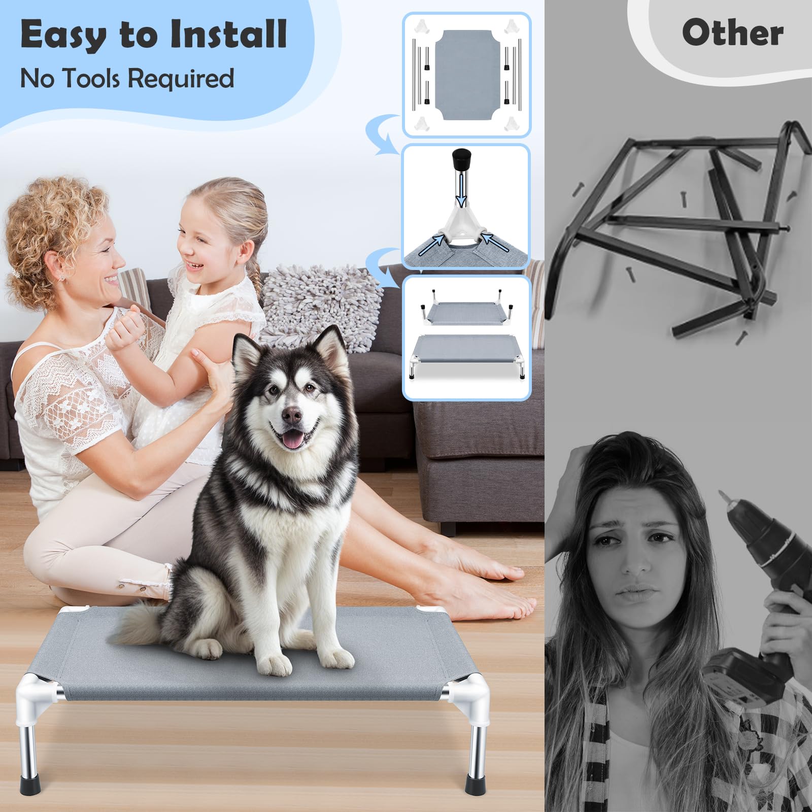 Outdoor Elevated Dog Bed, Dog Cots Beds For Large Dogs, Portable Cooling Raised Dog Beds For Large Dogs For Indoors, Outdoors, B