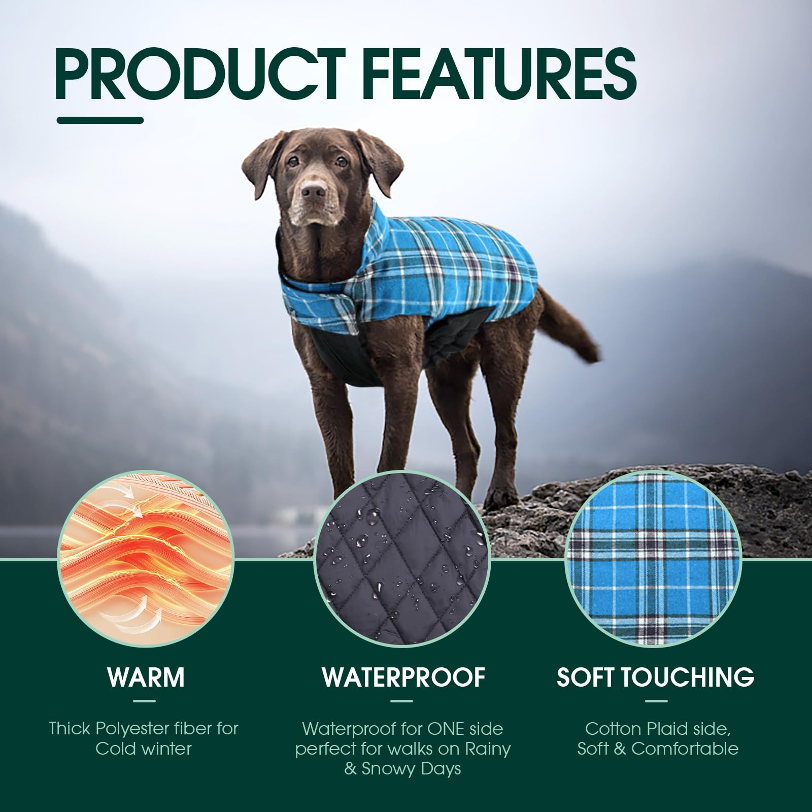 Kuoser Reversible Dog Coat, Waterproof Winter Jacket for Small, Medium & Large Dogs, Blue, Large (Model: Kuoser-92972-Blue-L)