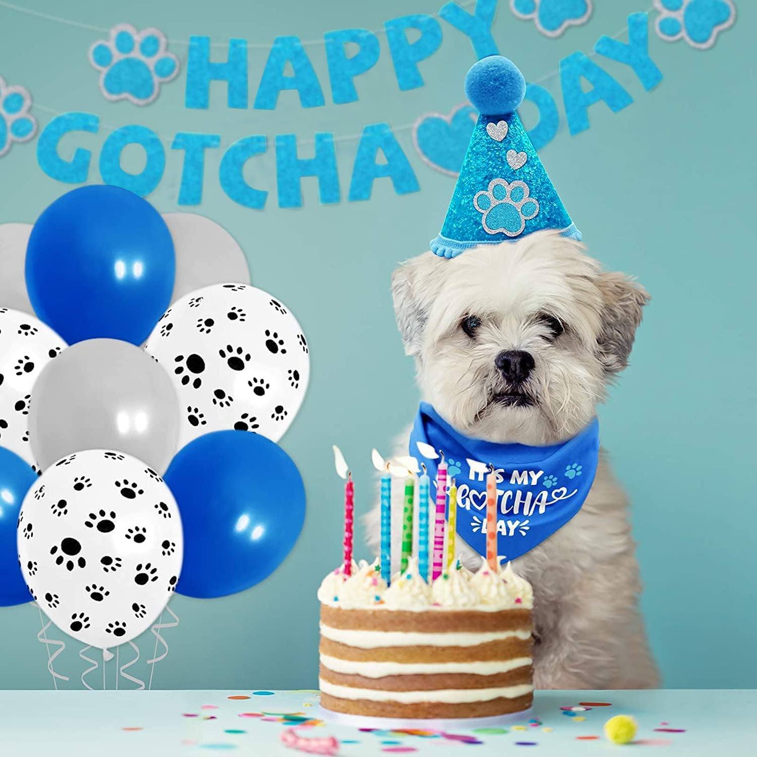 Sinfun Happy Gotcha Day Dog Bandana- Dog Birthday Party Supplies Boy Girl Gotcha Day Triangle Scarf With Hat Banners Balloons It