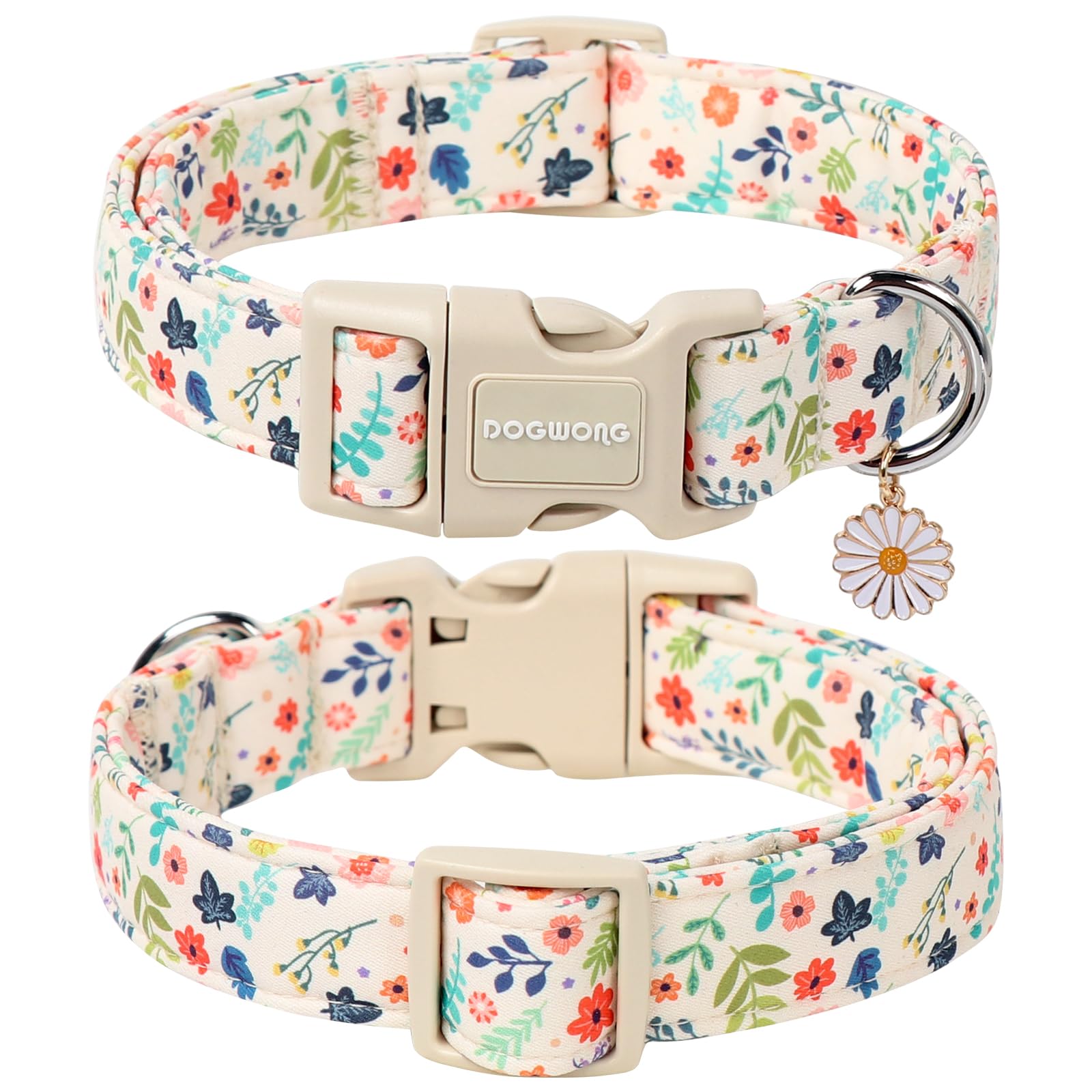 Dogwong Spring Summer Floral Cotton Dog Collar, Pink Flower Dog Collar Durable Soft Fabric Pet Dog Collars Cute Girl Female Pupp