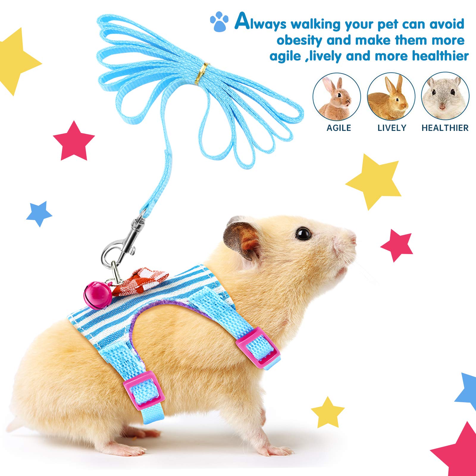 2 Pieces Hamster Harness and Leash Set for Walking, Small Guinea Pig Clothes with Bowknot Bell, No Pulling Comfort Padded Vest S