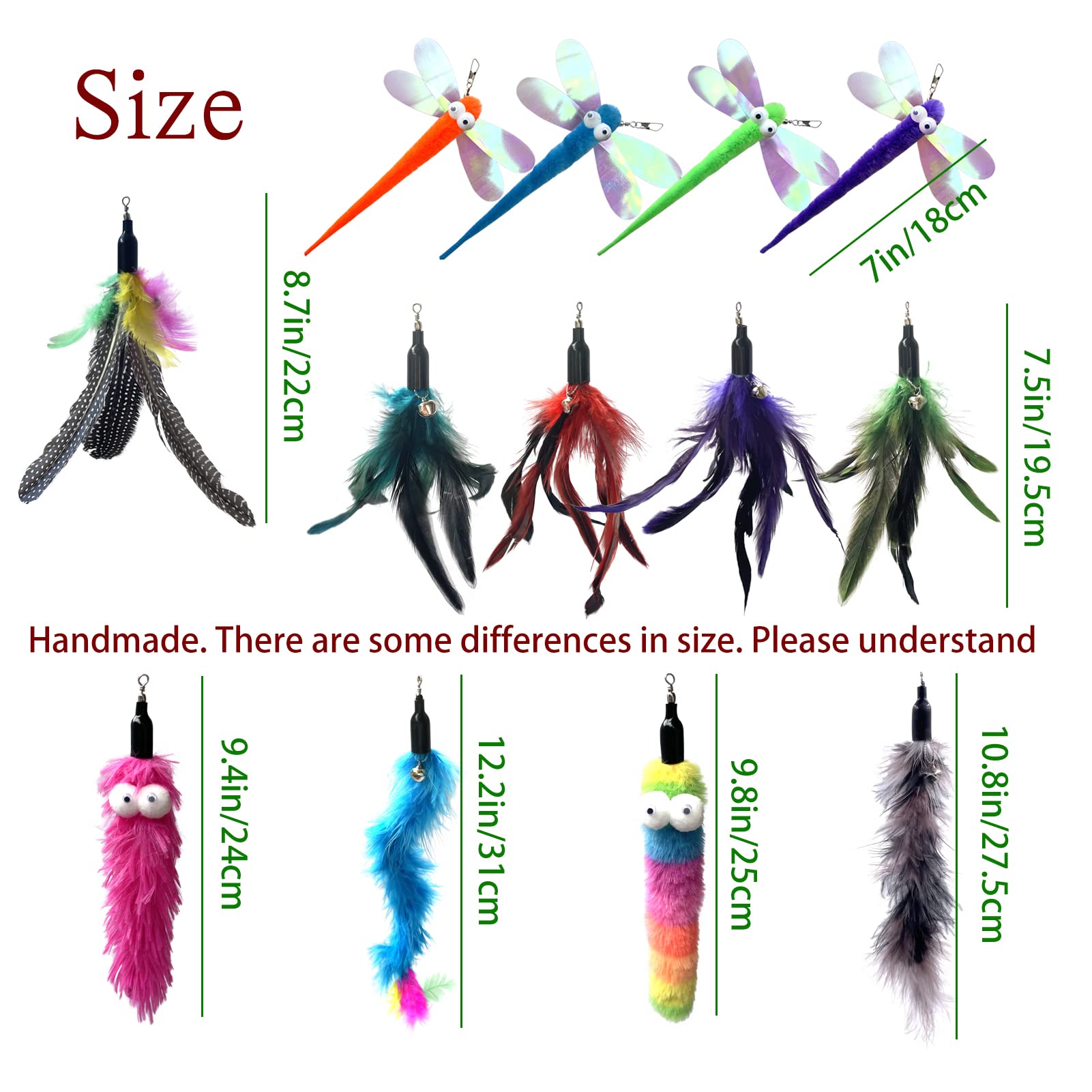 Cat Worm & Dragonfly Teaser Wand Attachments - 13 Pcs Assorted Refills With Bell