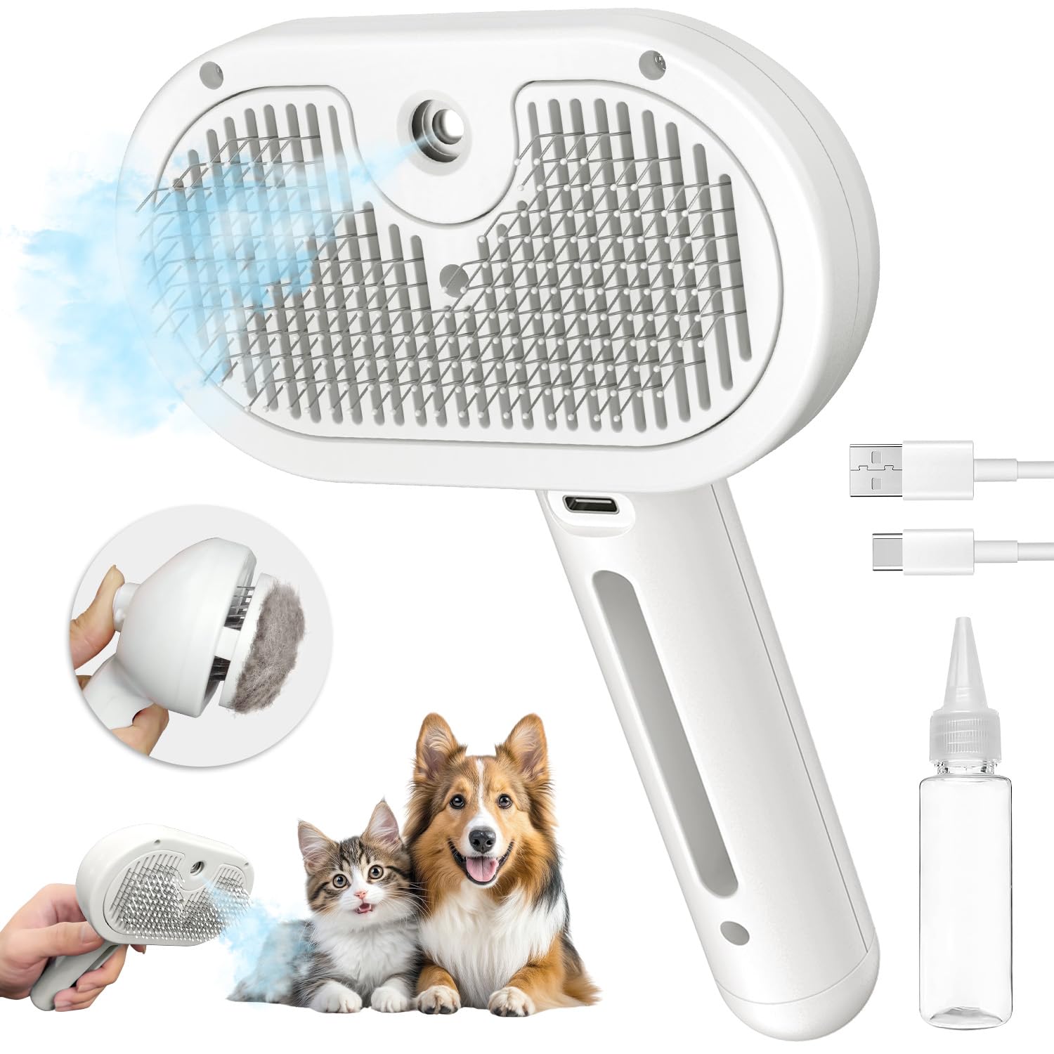 Steam Cat Brush for Shedding, 3 In 1 Steam Cat Brush Self Cleaning Dog Brush for Long and Short Hair Dogs and Cats Pet Grooming 