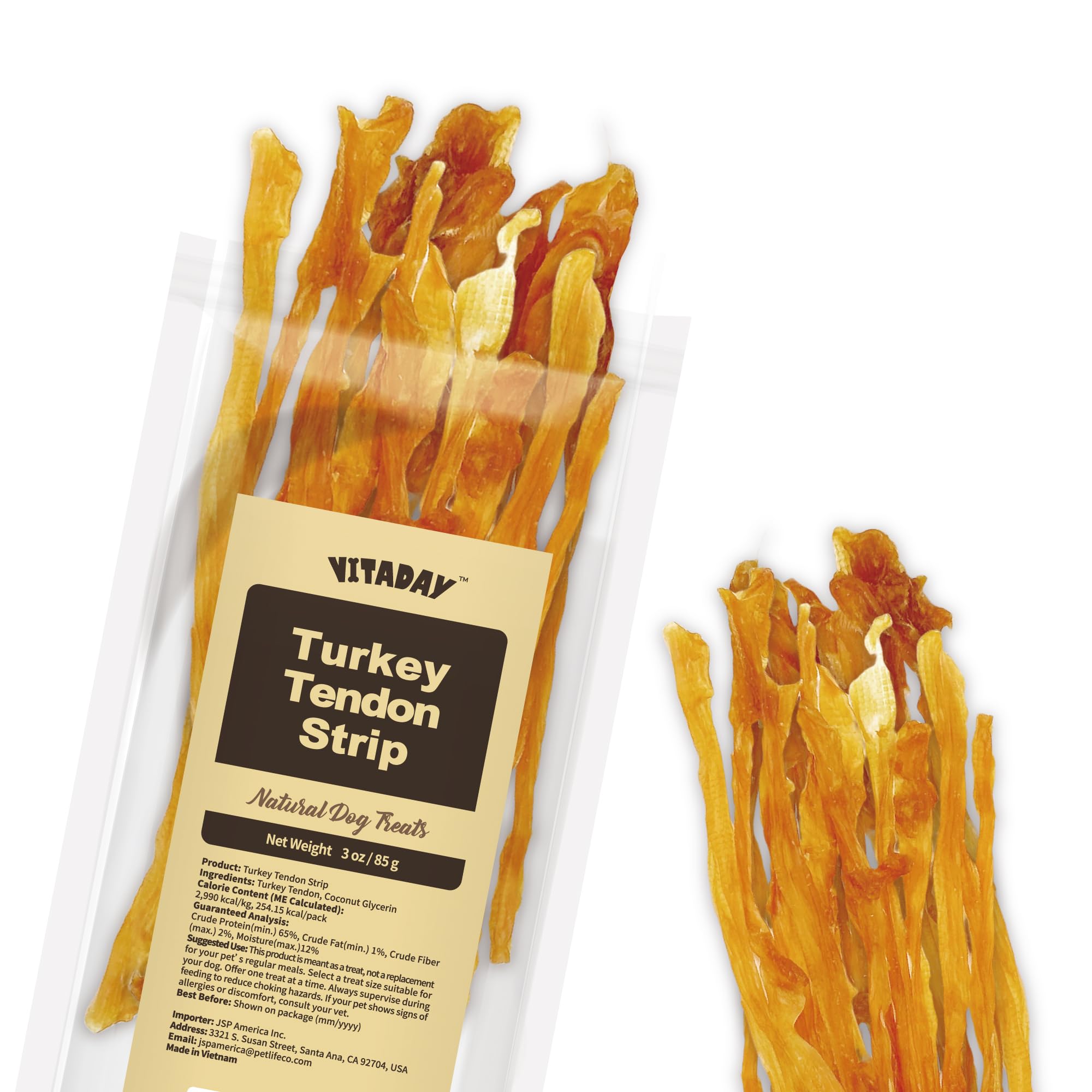 VITADAY Turkey Tendon Strip 3 oz, 100% Natural, USA-Sourced Turkey Tendon, High-Protein, Low-Fat, Long-Lasting Dog Chew, Rawhide