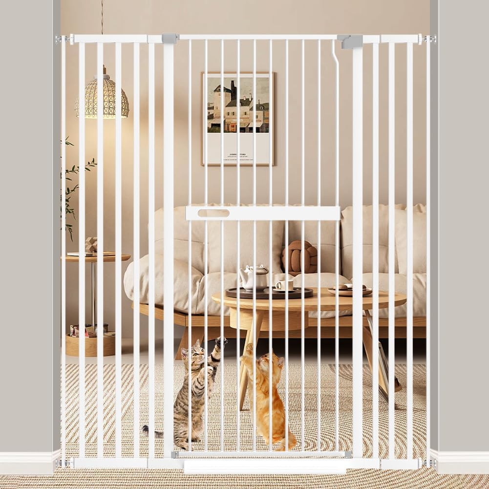 Foreng 71 Inch Extra Tall Cat Pet Gate, 29.80'-45.6' Wide Gate For Cats, Extra Tall Gate Pressure Mounted Extra Tall Pet Gate Walk Through Indoor For Doorways, White