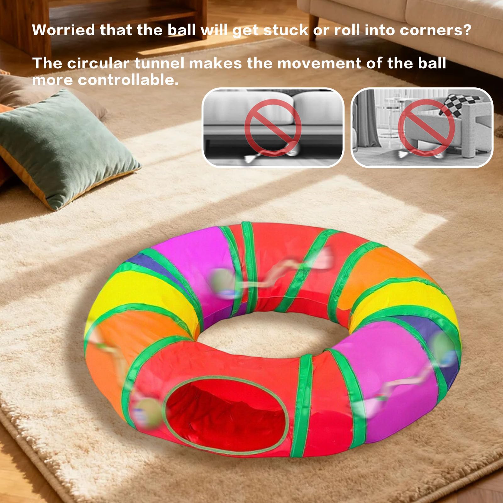 Cat Tunnel with Fast Rolling Ball, Motion-Activated Ball in Fun Cat Play House, Hide & Seek Puzzle Game for Indoor Cats & Kitten