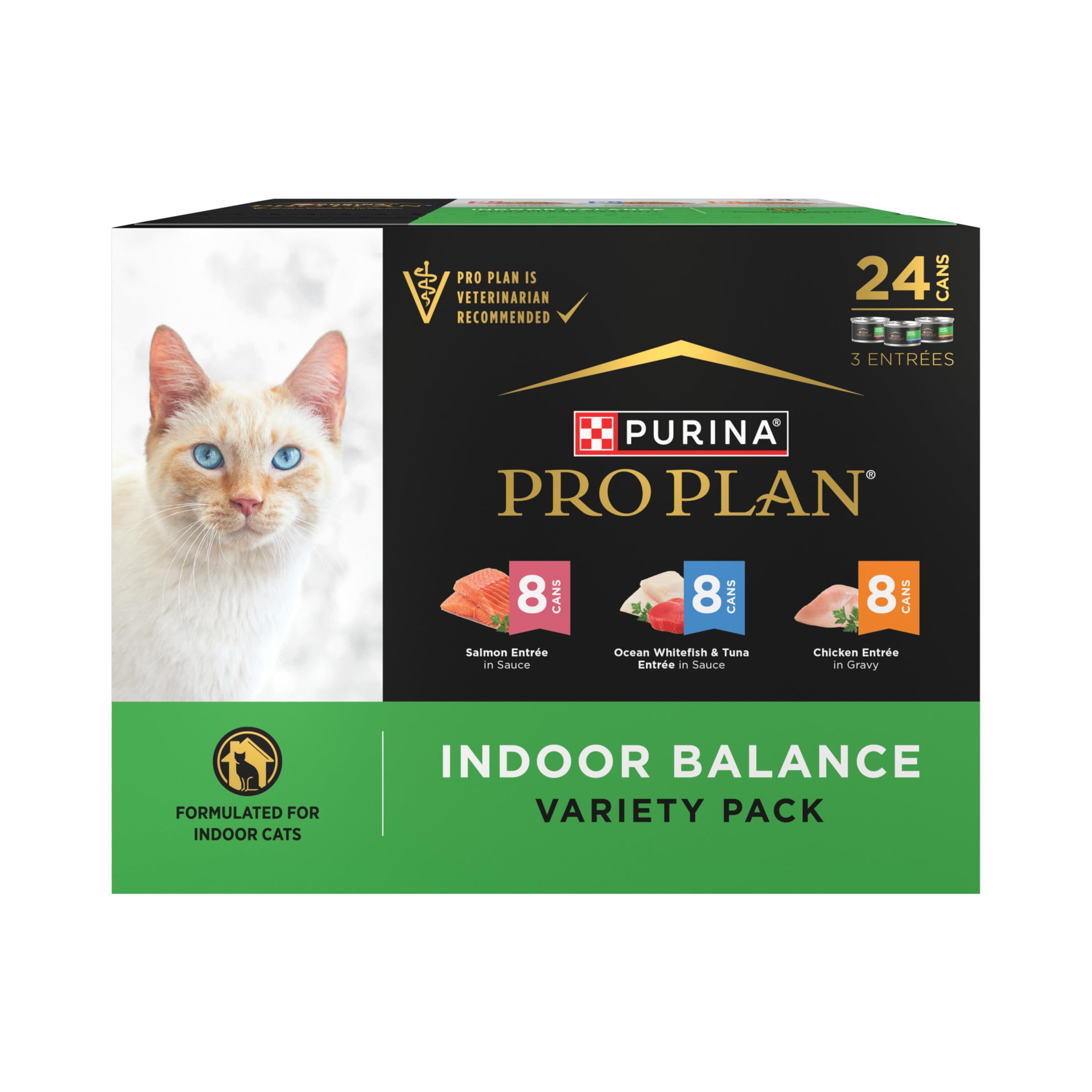 Purina Pro Plan Indoor Balance Chicken, Salmon, and Ocean Whitefish and Tuna Cat Food Wet Entrees Variety Pack - 24 ct. Can