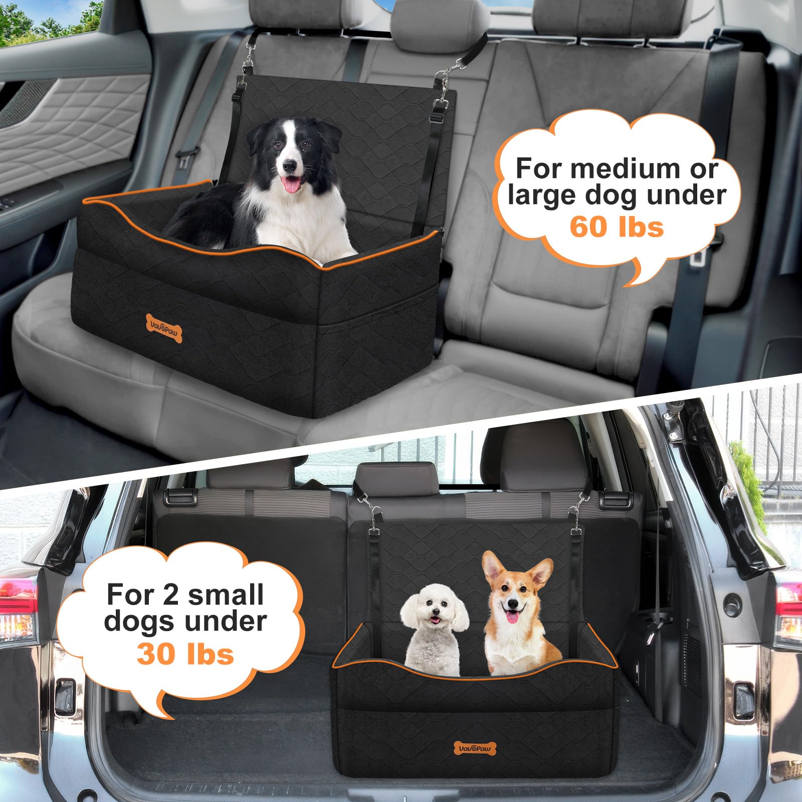 VavoPaw Large Medium Dog Car Seat, Dog Booster Seat Under 60Lbs or 2 Small Dogs Washable, Pet Car Seats with 2 Safety Leash, Dog