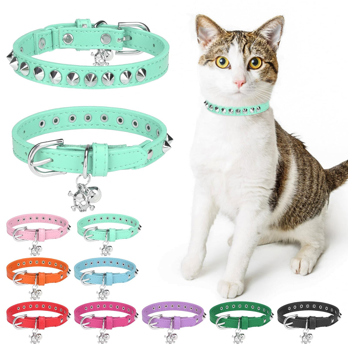 Dillybud Leather Cat Collars For Boy Girl Cats With Bell And Safety Elastic Belt, Personalized Rivets Stud Adjustable Safe Buckl