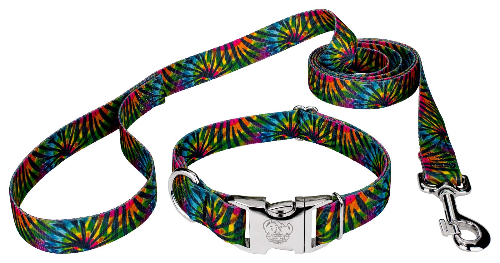 Country Brook Petz - Tie Dye Stripes Premium Dog Collar And Leash Set - Groovy Collection With 5 Far Out Designs (1 Inch, Large)