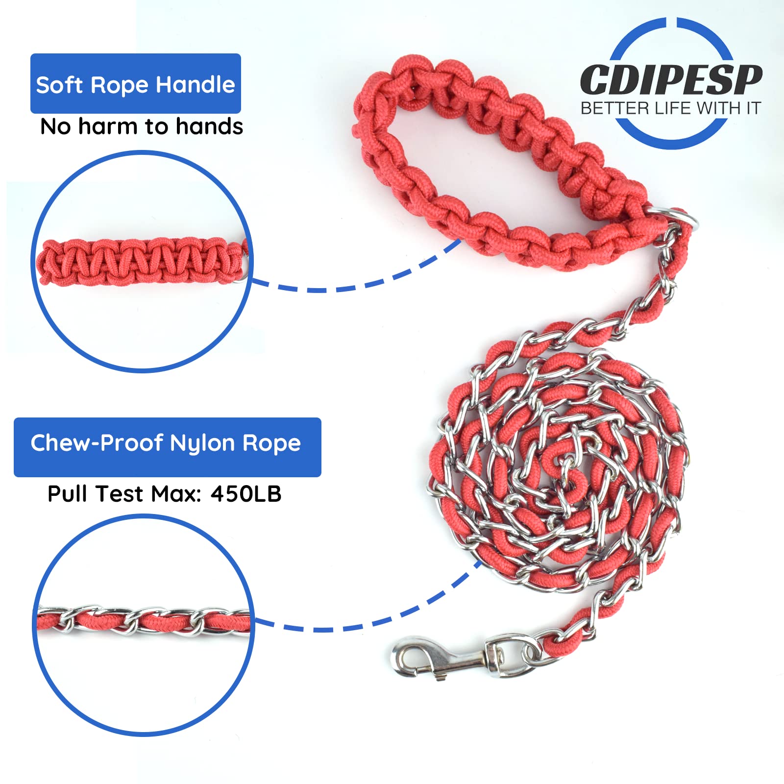 Chew Proof Dog Leash 5.5Ft Heavy Duty Dog Leashes Metal Pet Chain Lead With Soft Rope Handle For Medium Large Dogs