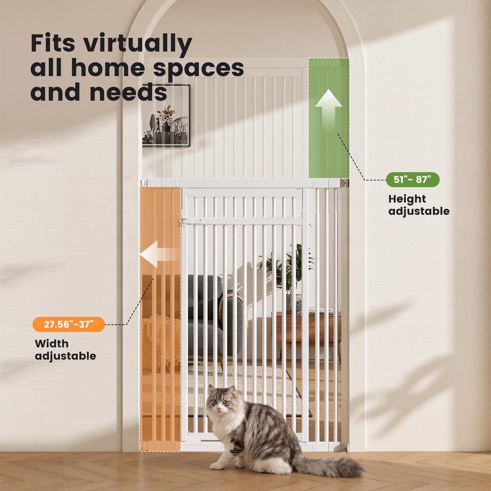 Gardner Pet 51-87 Extra Tall Cat Gate for Doorway, Wide Adjustable 27.56-37 Baby Gate Included 4 Extension Kits, Pressure Mounte
