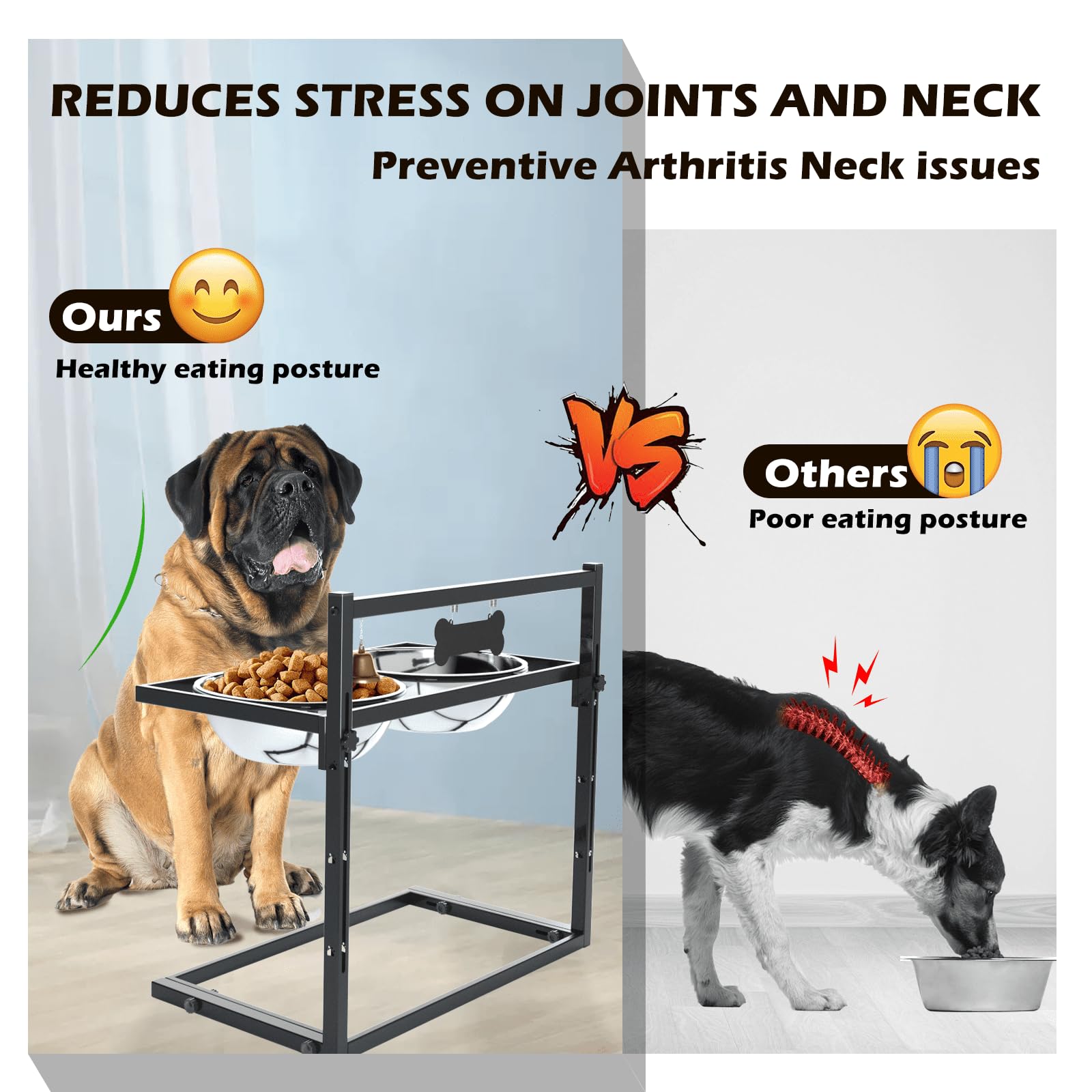 SHAINFUN Elevated Dog Feeder for Large Breeds, Adjustable Height Raised Dog Bowl Stand with 3000ML Stainless Steel Bowls