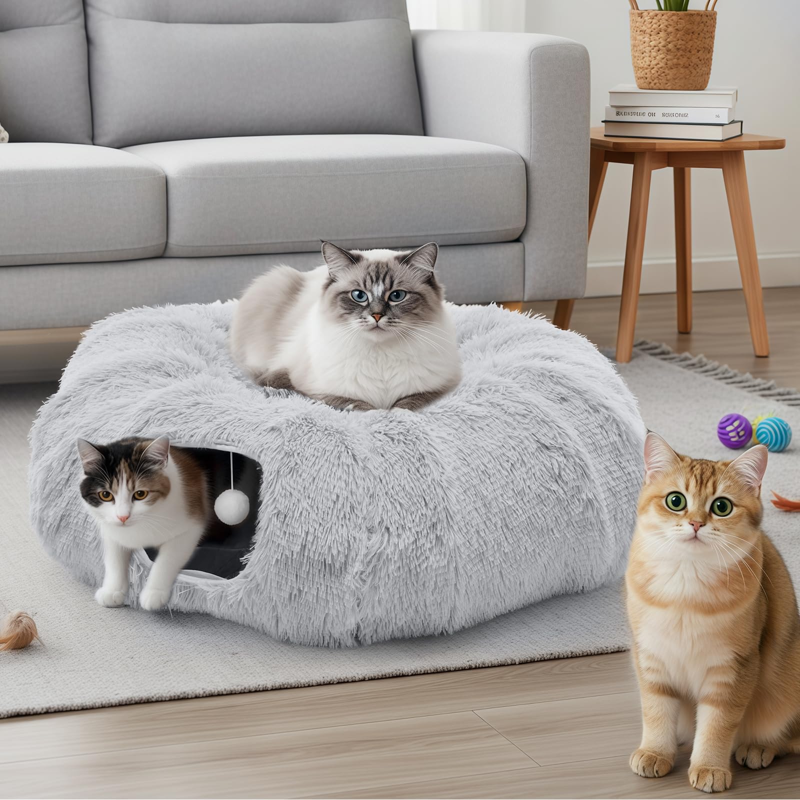 DUMOS Cat Tunnel Bed for Indoor Cats Cave Donut Play Tunnel with Soft Plush Peekaboo, Circle Cushion, Washable Multifunctional P