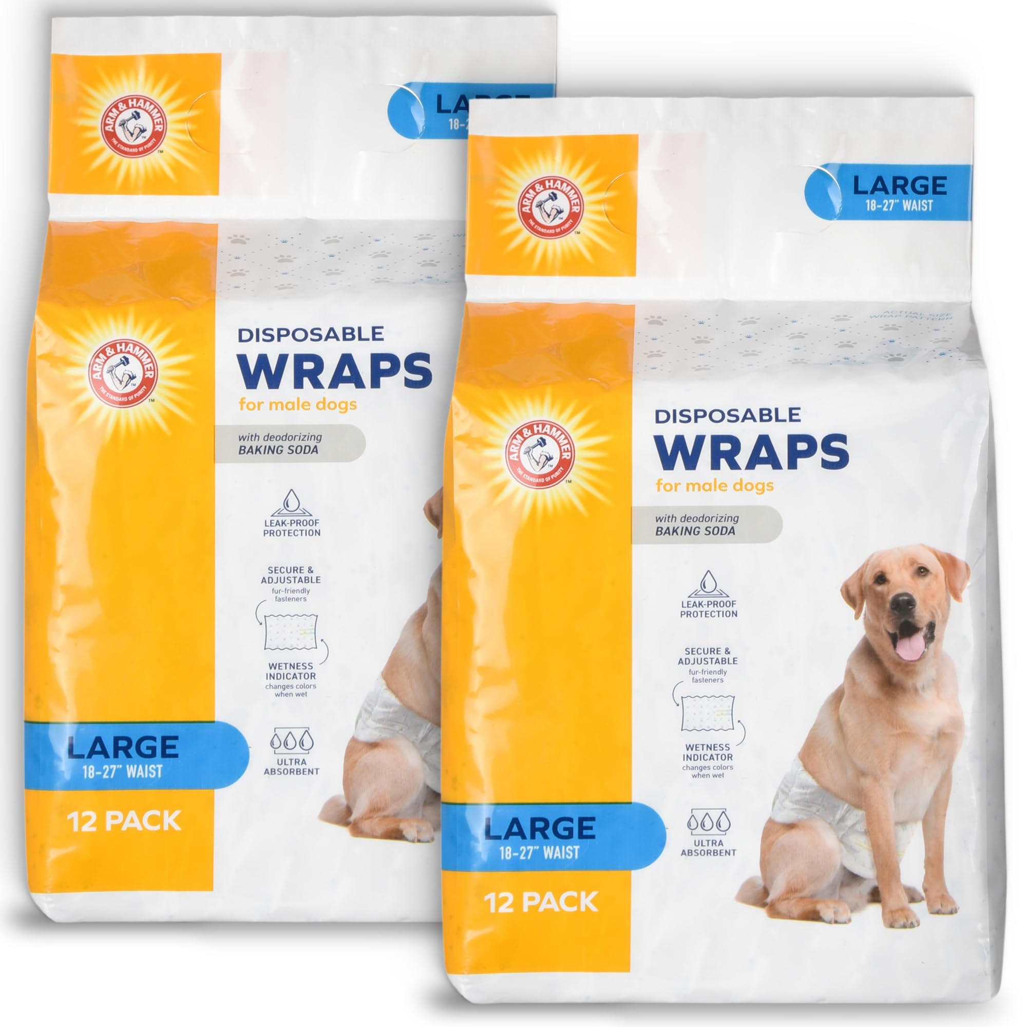 Arm & Hammer for Pets Male Dog Wraps, Size Large, 24 Count UltraAbsorbent, Adjustable Male Dog Diapers with Leakproof Protection