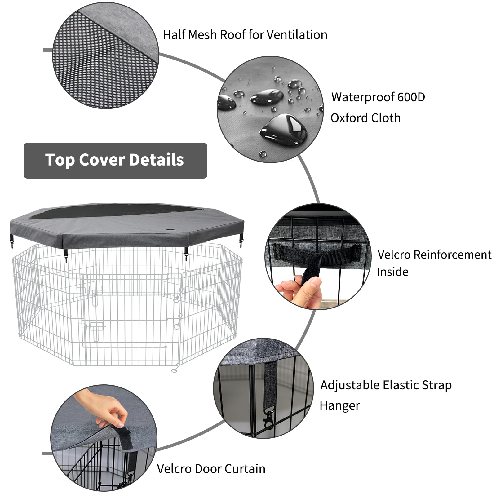 Petime Top Cover Sun/Rain Proof Provide Shade And Security For Indoor Outdoor Dog Playpen Fits All 24' Wide 8 Panels Pet Exerci
