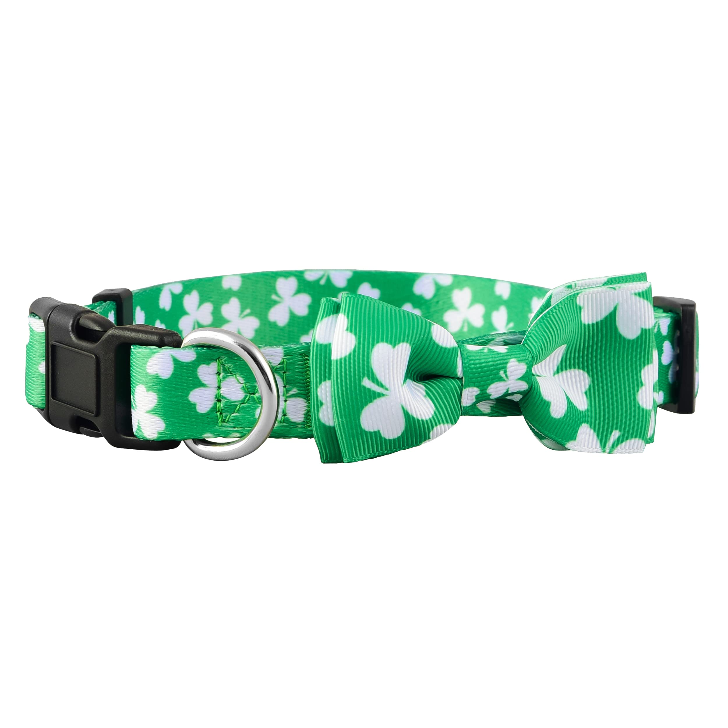 St Patricks Day Dog Collar With Bowtie, Gift Decor For Irish, Lucky Clover Shamrock Bow Tie (Medium, St. Patrick'S White Clover)