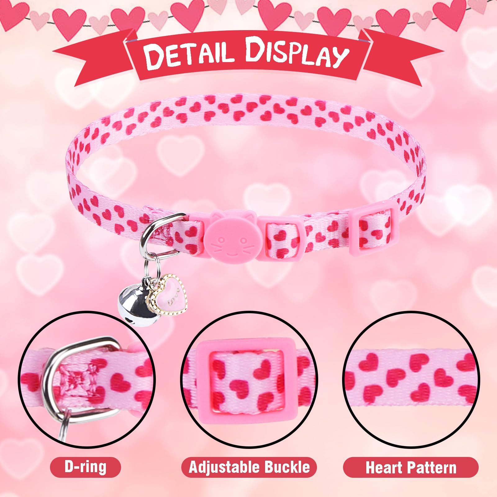 Pupteck Breakaway Valentine Cat Collar With Bell Charm, 2 Packs Adjustable Kitty Collars Pink & Red Love Pattern, 7.8-11.8 In