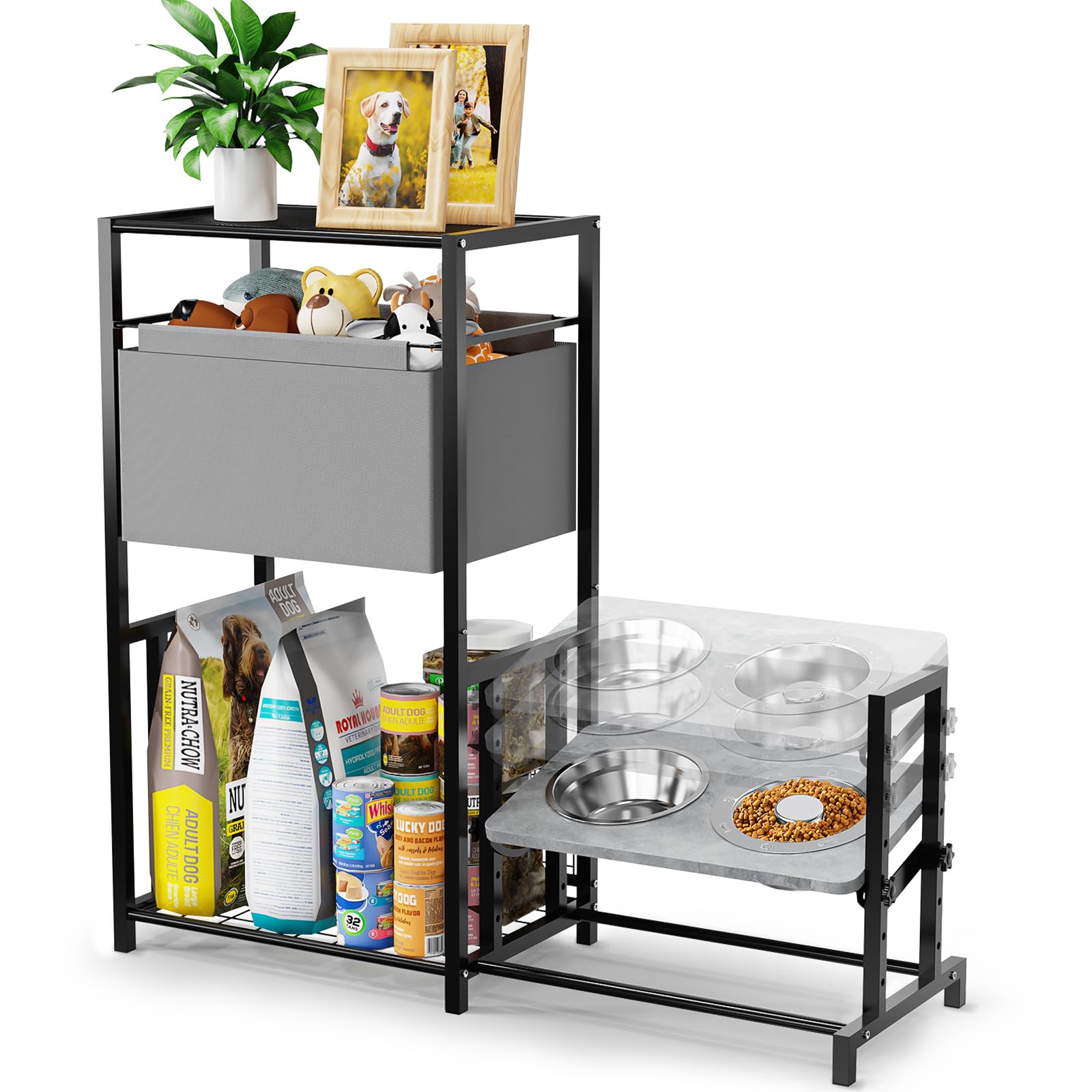 Guibukeyan Elevated Dog Bowls Stand With Pet Storage Organizer, Adjustable Feeding Station Cabinet With Toy Basket For Large, Me