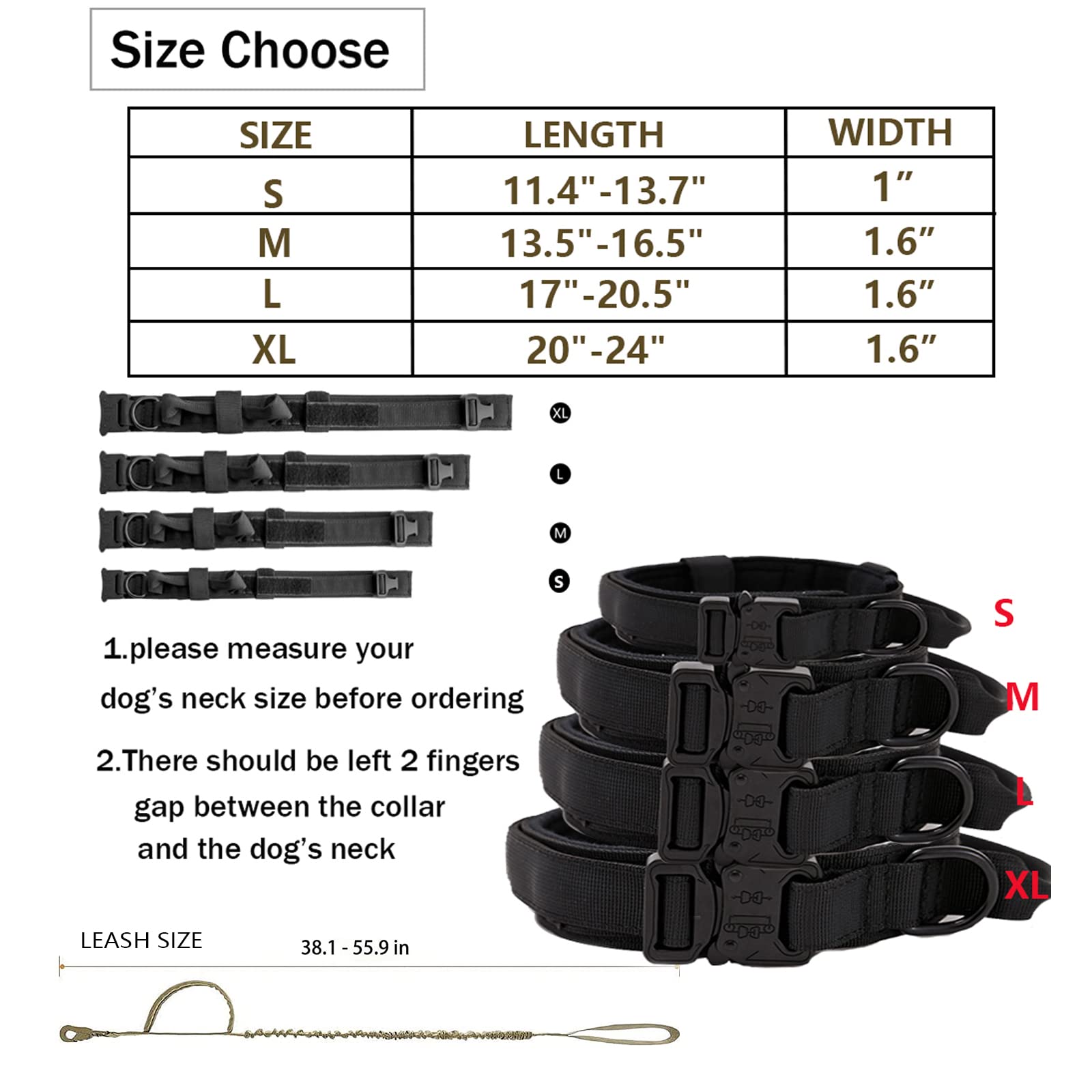 Tactical Dog Collar And Leash Set Tactical Dog Collar With Handle Bungee Leash Adjustable Military Training Nylon Collar Dog Training Collar Leash Set With Control Handleand Metal Buckle (Black M