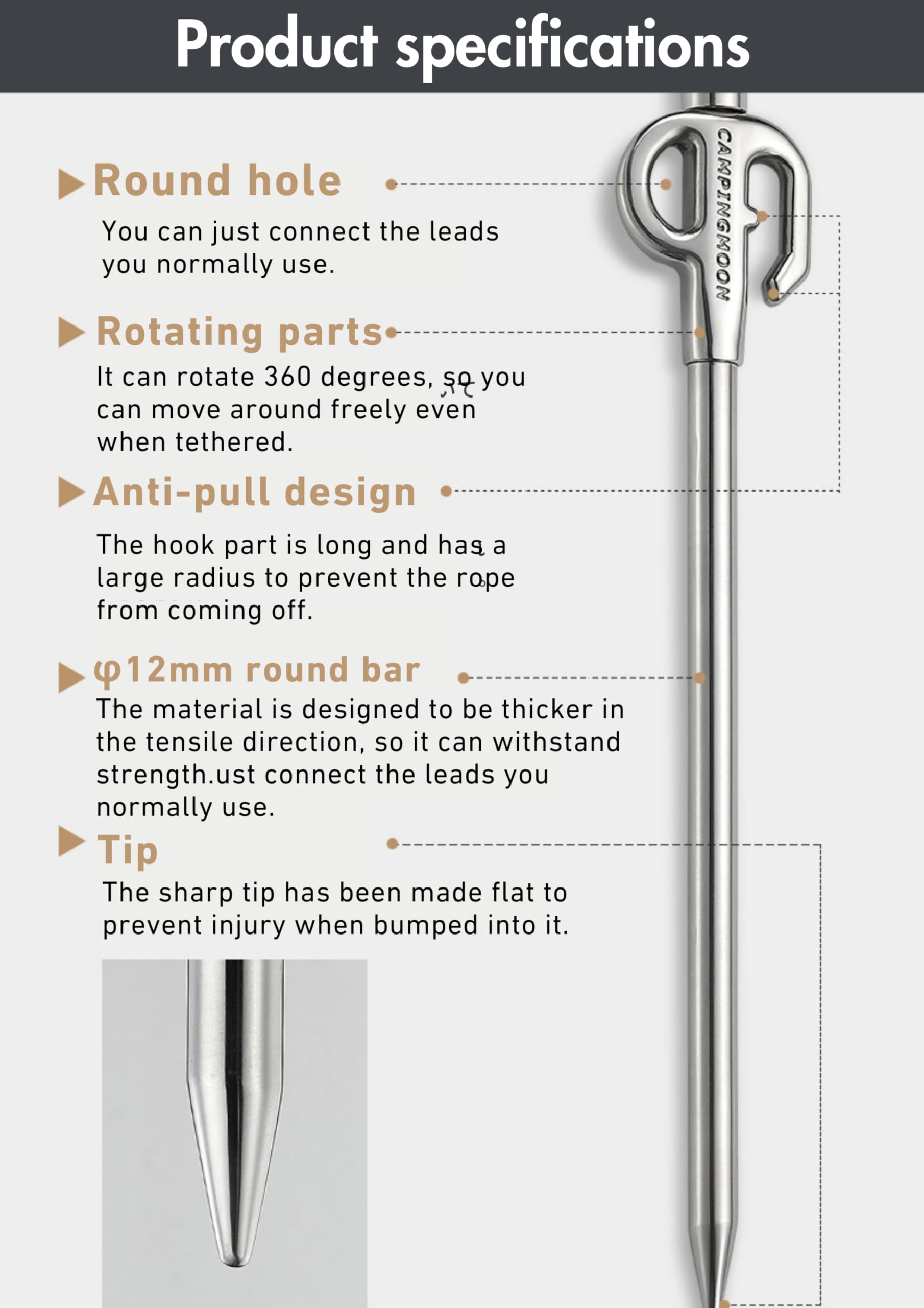 Campingmoon 17-Inch Dog Tie Out Stake 360Swivel 2Pcs Stainless Steel For Pets Outdoors K45-2P