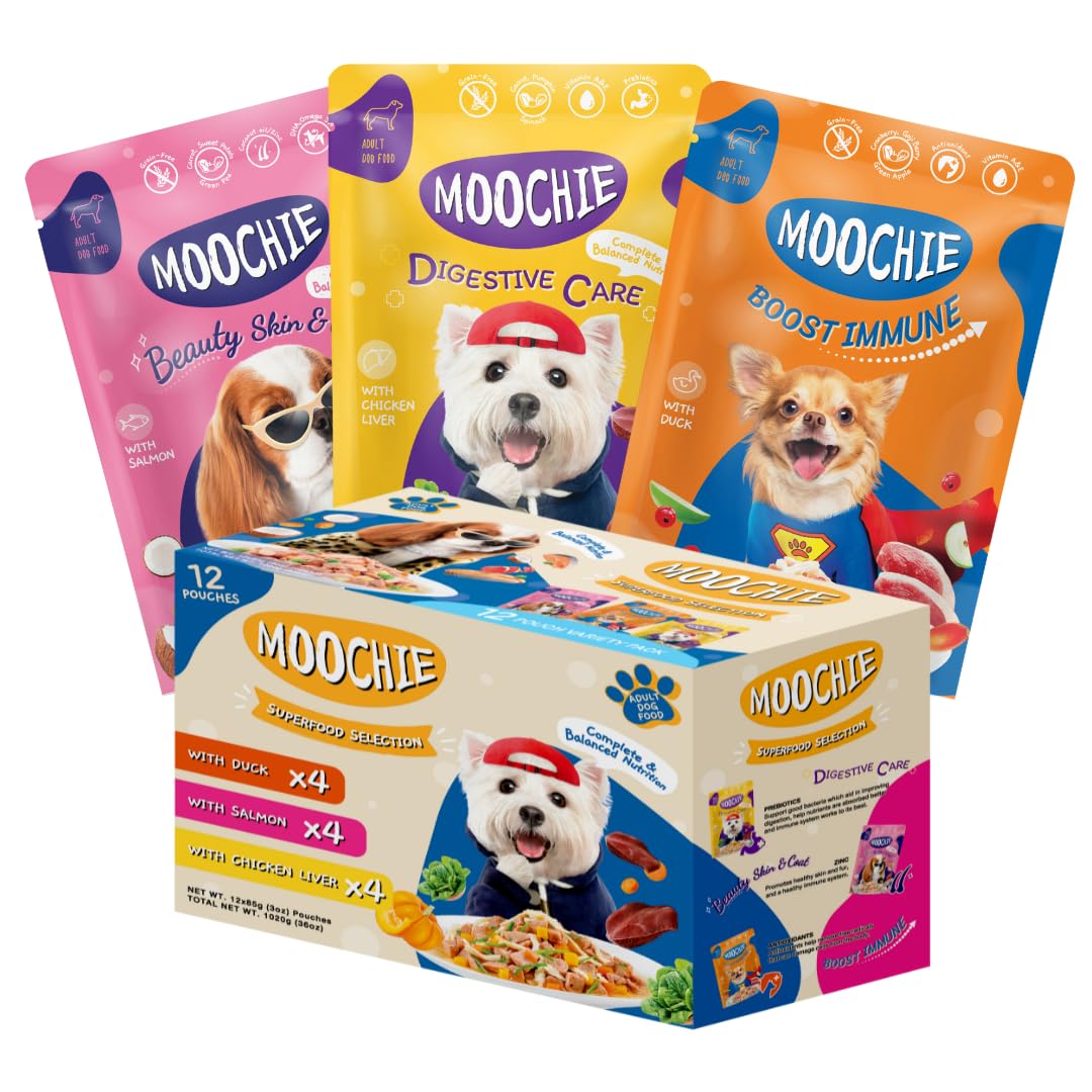 MOOCHIE Soft Wet Dog Food - Superfood Selection - Duck, Salmon & Chicken Liver Flavors - No Artificial Flavors or Preservative -