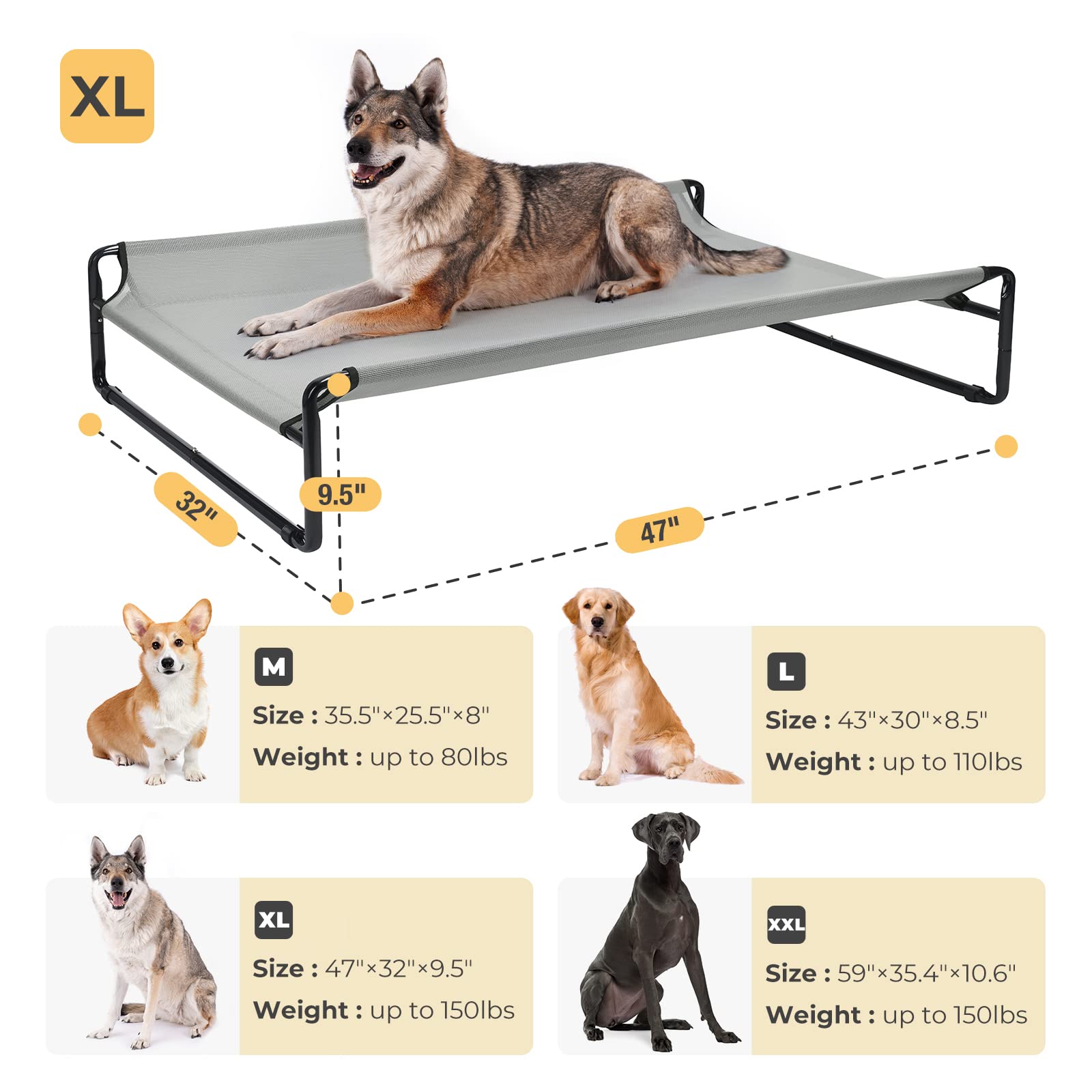 Veehoo Original Cooling Elevated Dog Bed, Outdoor Raised Dog Cots Bed For Large Dogs, Portable Standing Pet Bed With Washable Breathable Mesh, No-Slip Feet For Indoor Outdoor, X-Large, Grey, Cwc2201